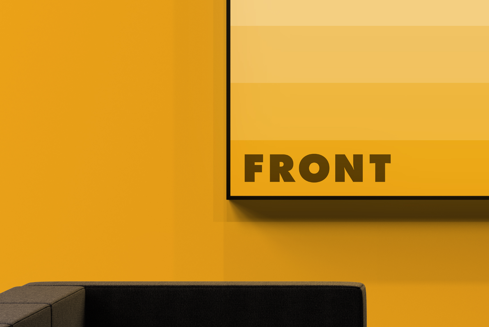 Close-up of TV lounge exhibition booth mockup with painted yellow wall