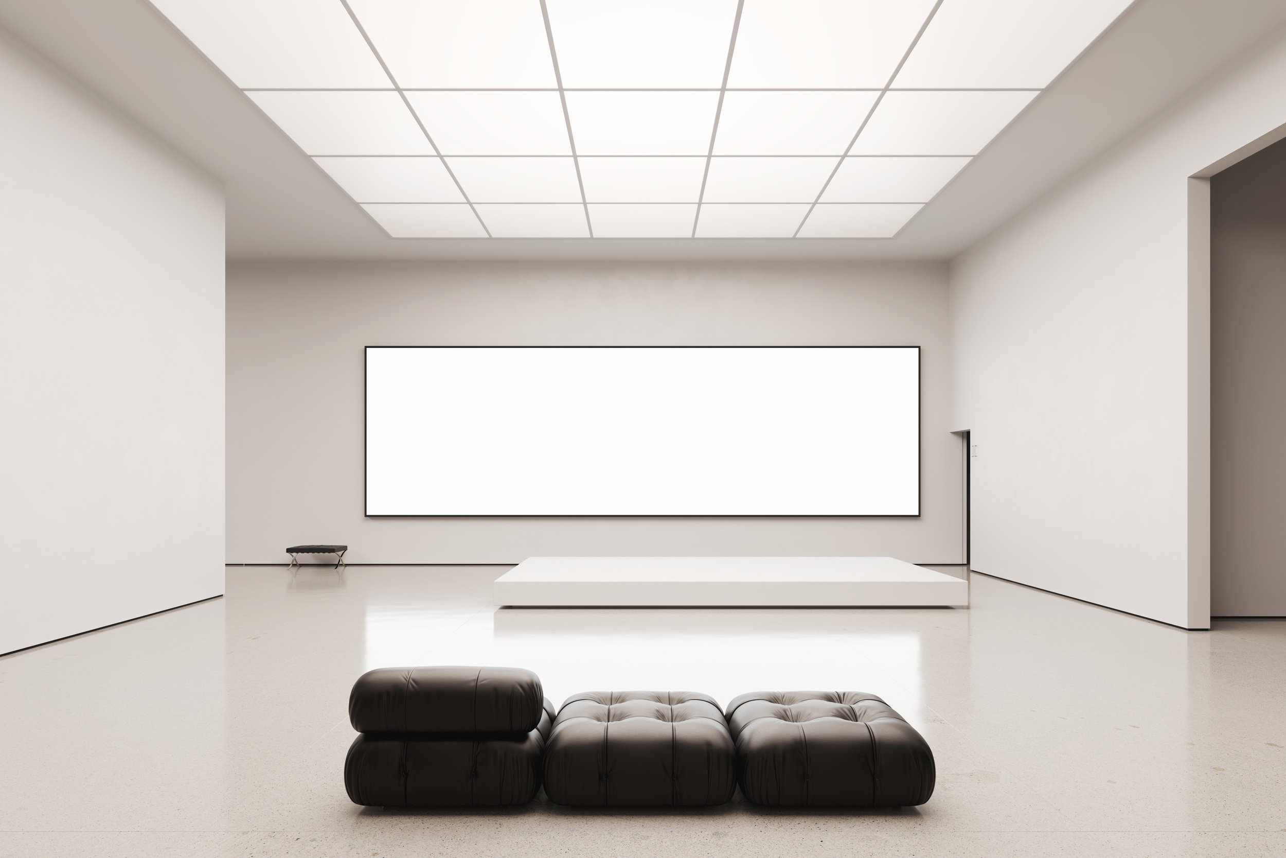 Large blank screen mockup in bright gallery space with seating – FRONT Mockups