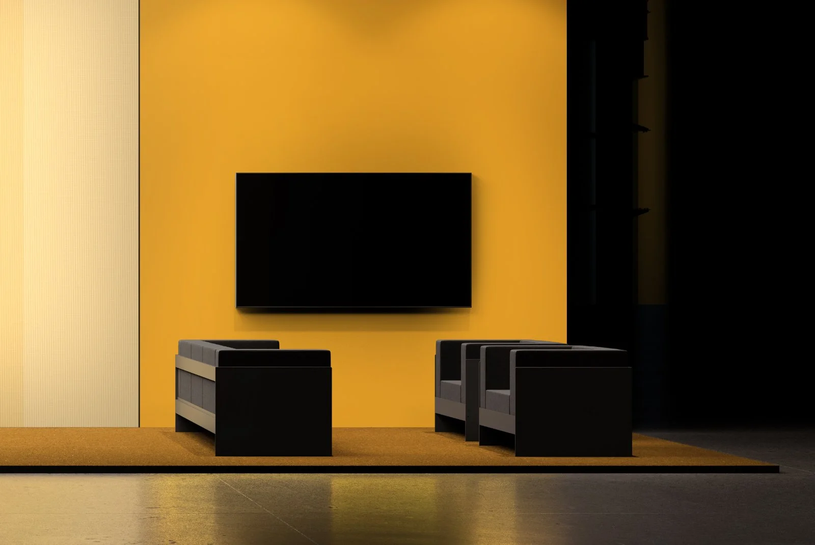 Exhibition booth lounge area mockup with TV display, seating and customizable wall colors.