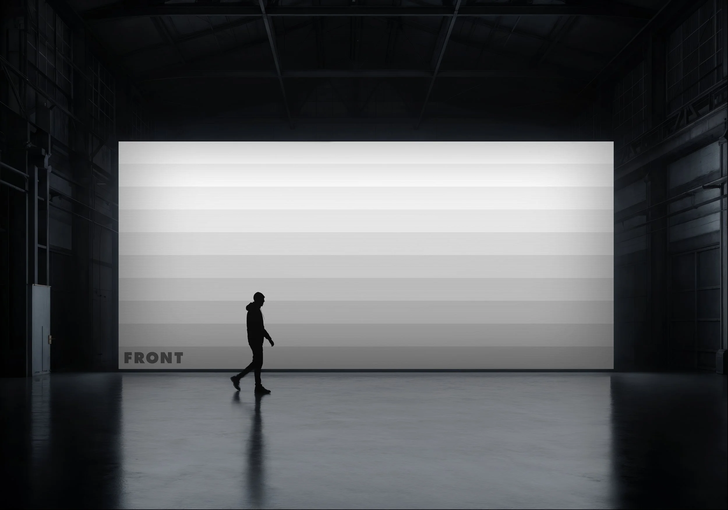 FRONT silhouette screen mockup featuring a large gray illuminated display in an industrial warehouse.