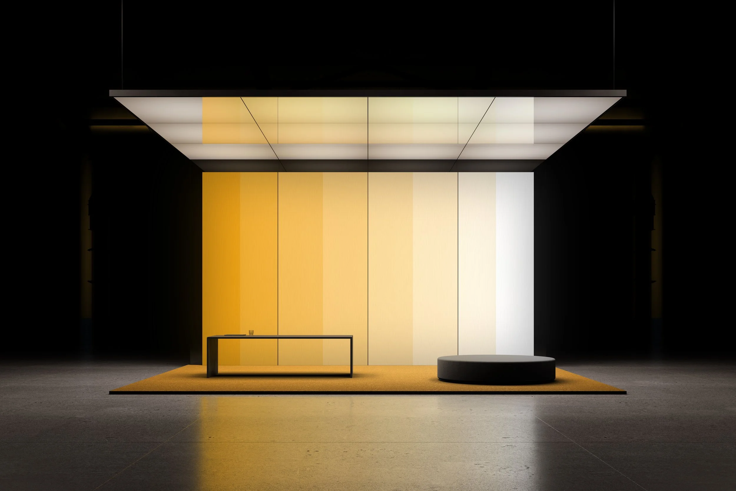 Exhibition stand mockup with customizable yellow backlit panels and display table