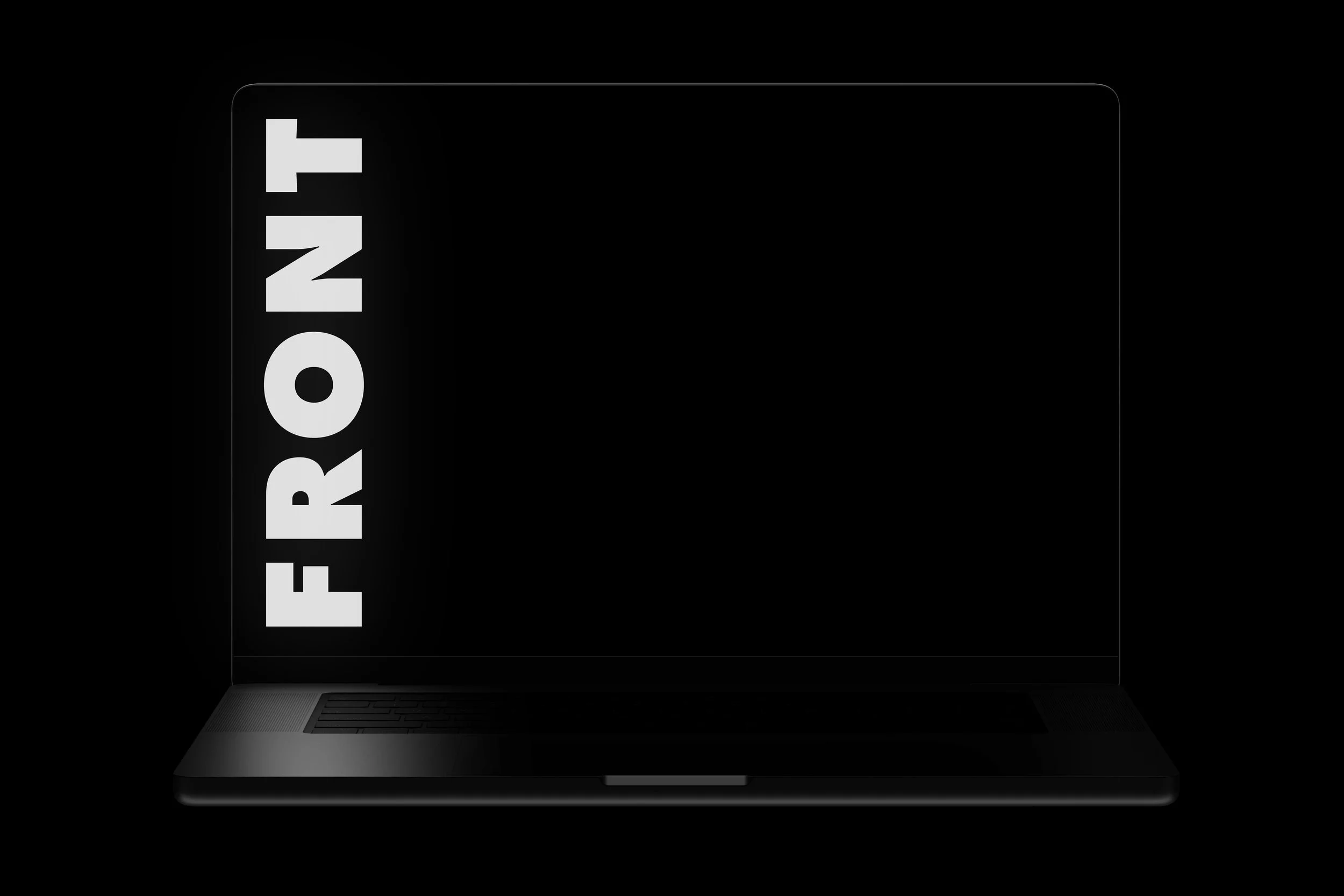 MacBook Pro mockup with black screen and bold vertical typography layout