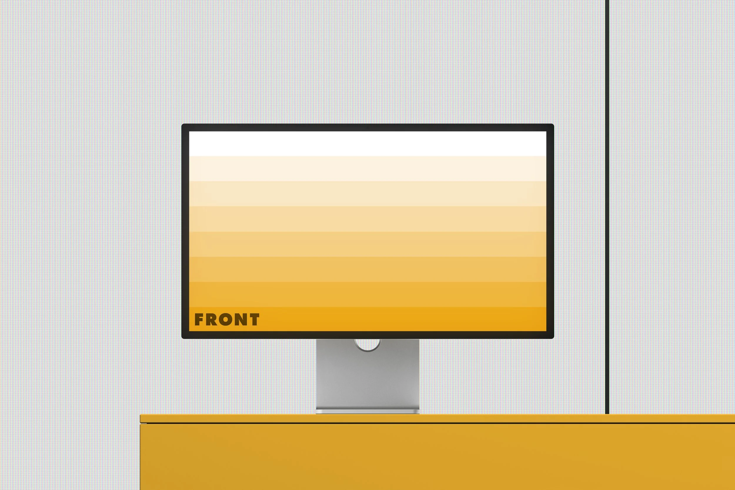 Apple Studio Display mockup on a modern exhibition podium with LED background panel