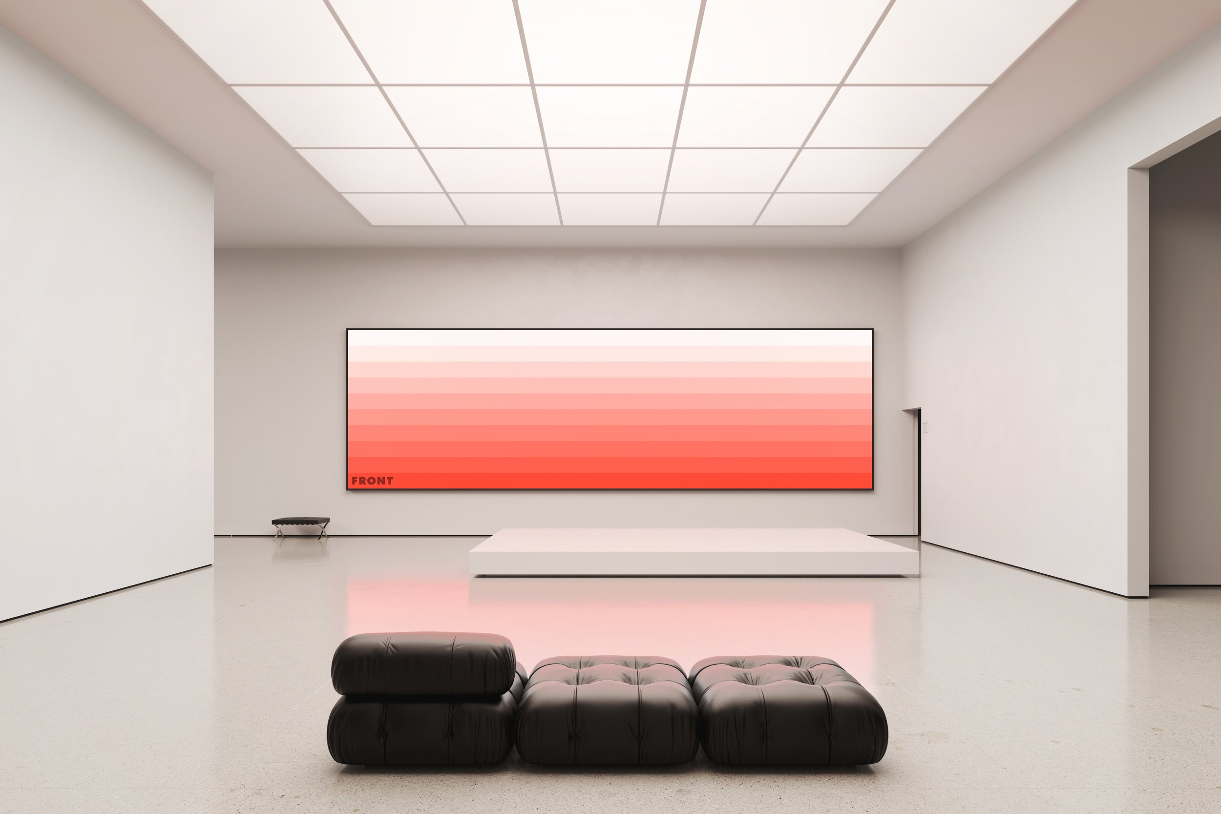 Large screen mockup in bright gallery room with Camaleonda sofa – FRONT Mockups