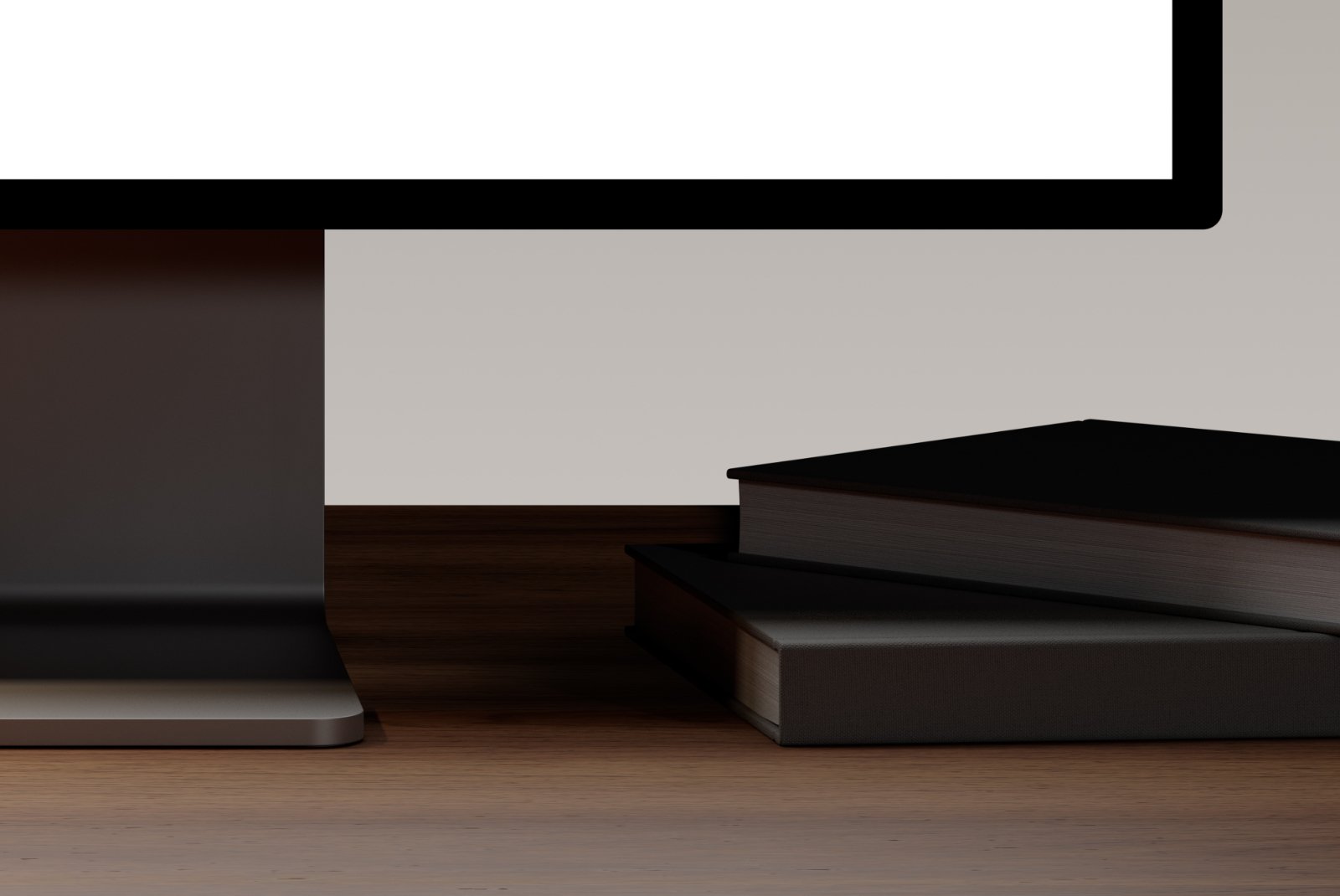 Display stand and stacked books on desk with light gradient background – FRONT Mockups