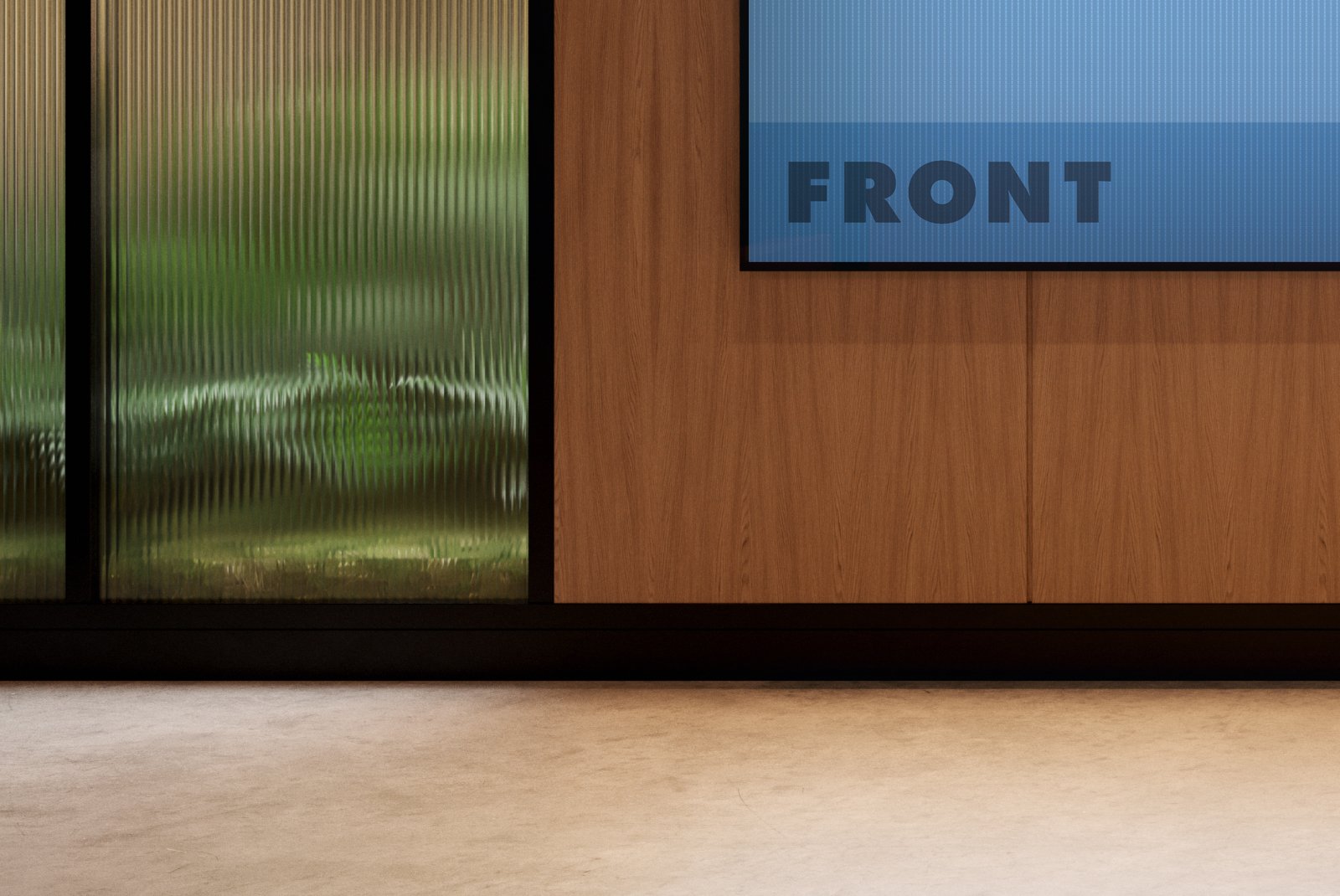 Close-up of wide screen edge and FRONT label – FRONT Mockups
