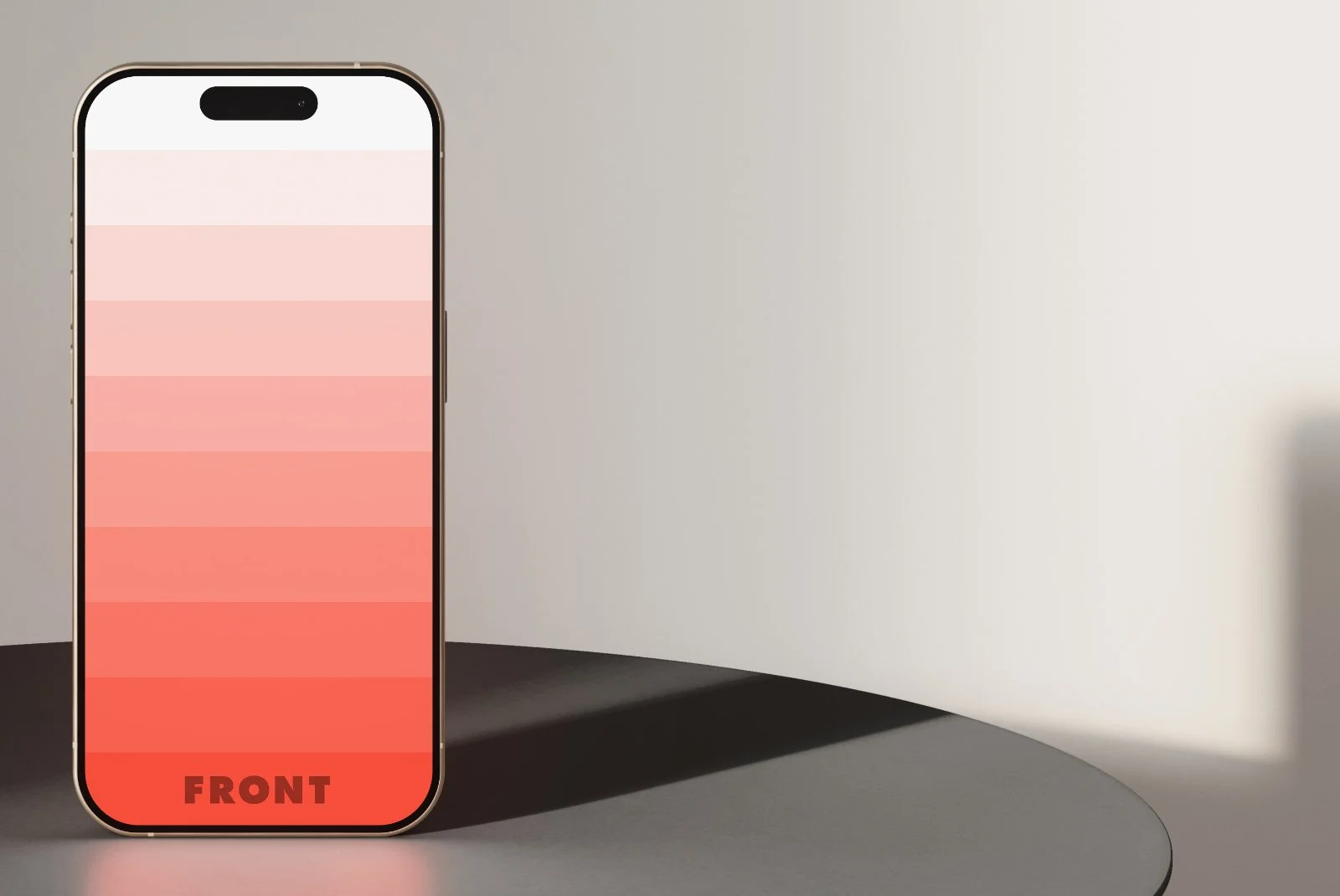 Front-facing iPhone 15 Pro on gray table with gradient lighting – FRONT Mockups