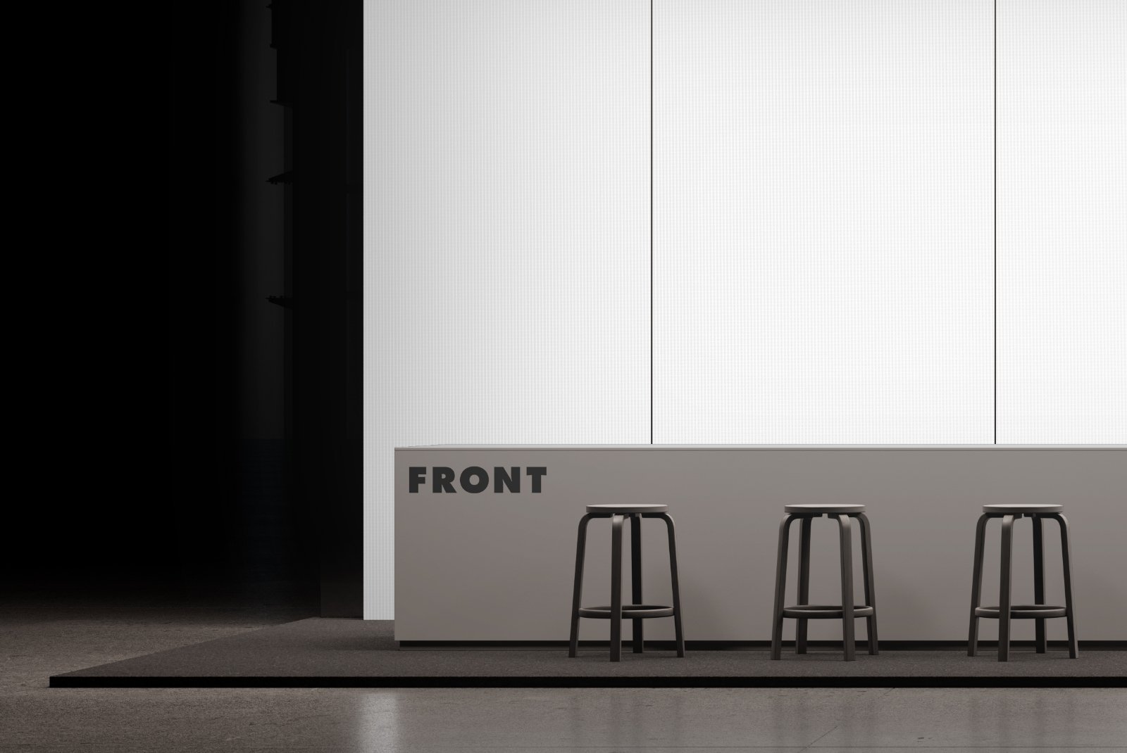 Close-up of the exhibition booth reception podium with adjustable colors and logo area.