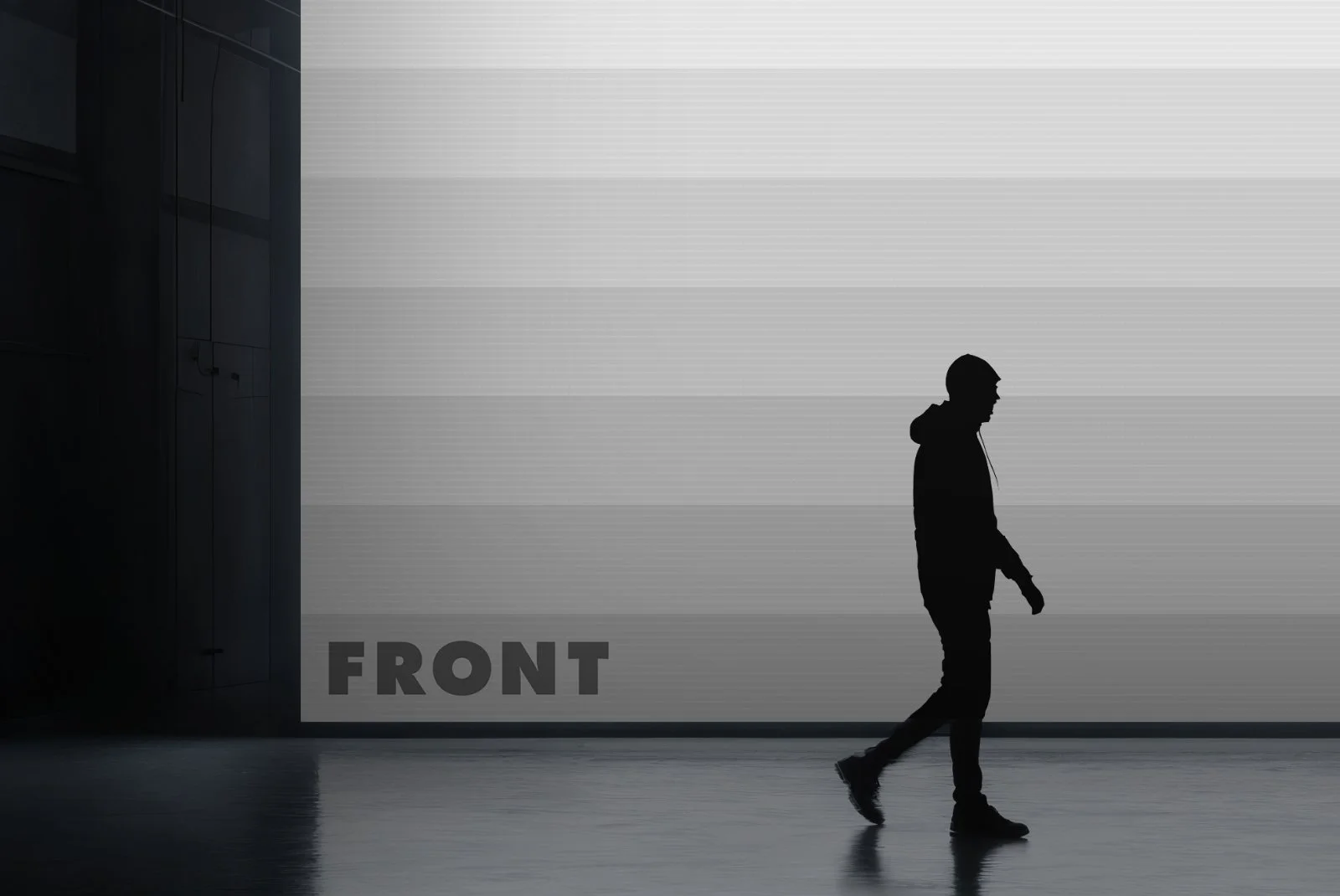 Close-up of FRONT silhouette screen mockup with gray display and silhouette figure in industrial space.