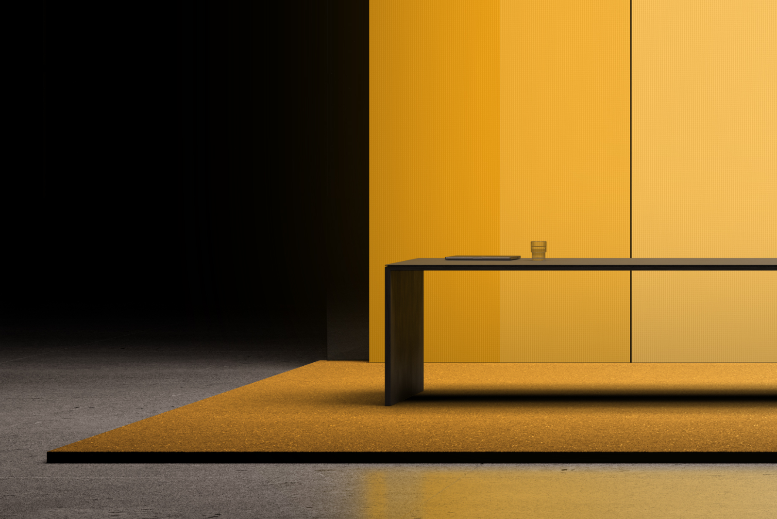 Exhibition booth mockup detail featuring a display table and warm yellow lighting
