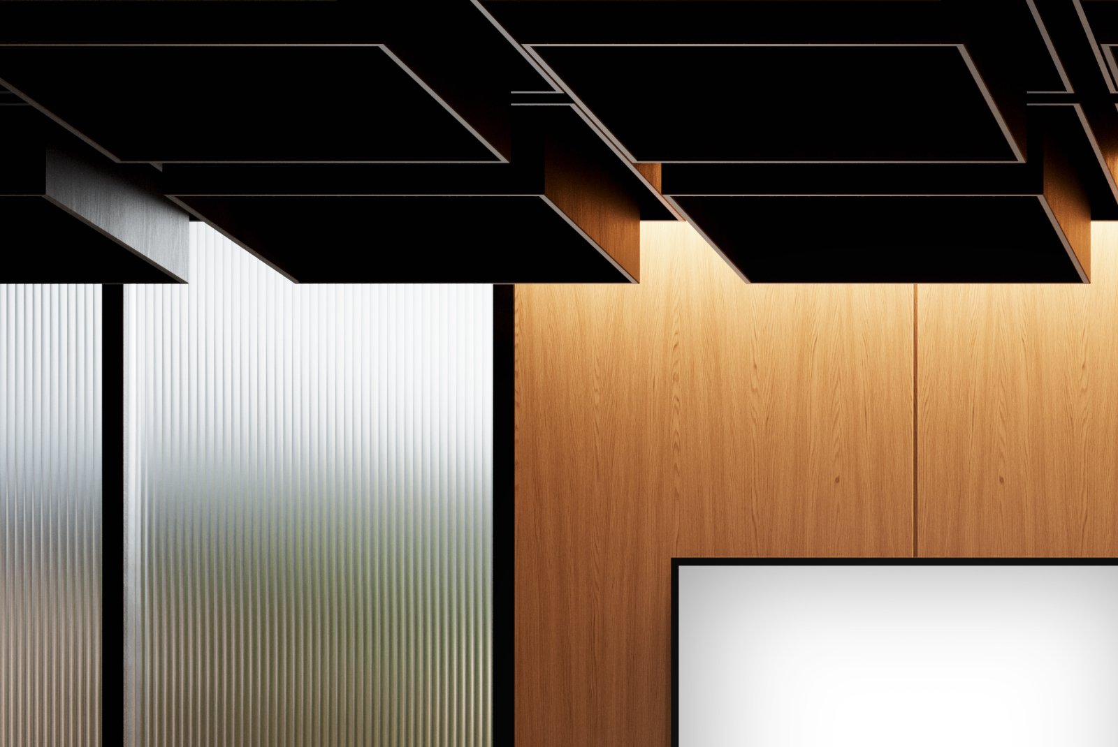 Front view of lighting and wood/glass architectural detail – FRONT Mockups