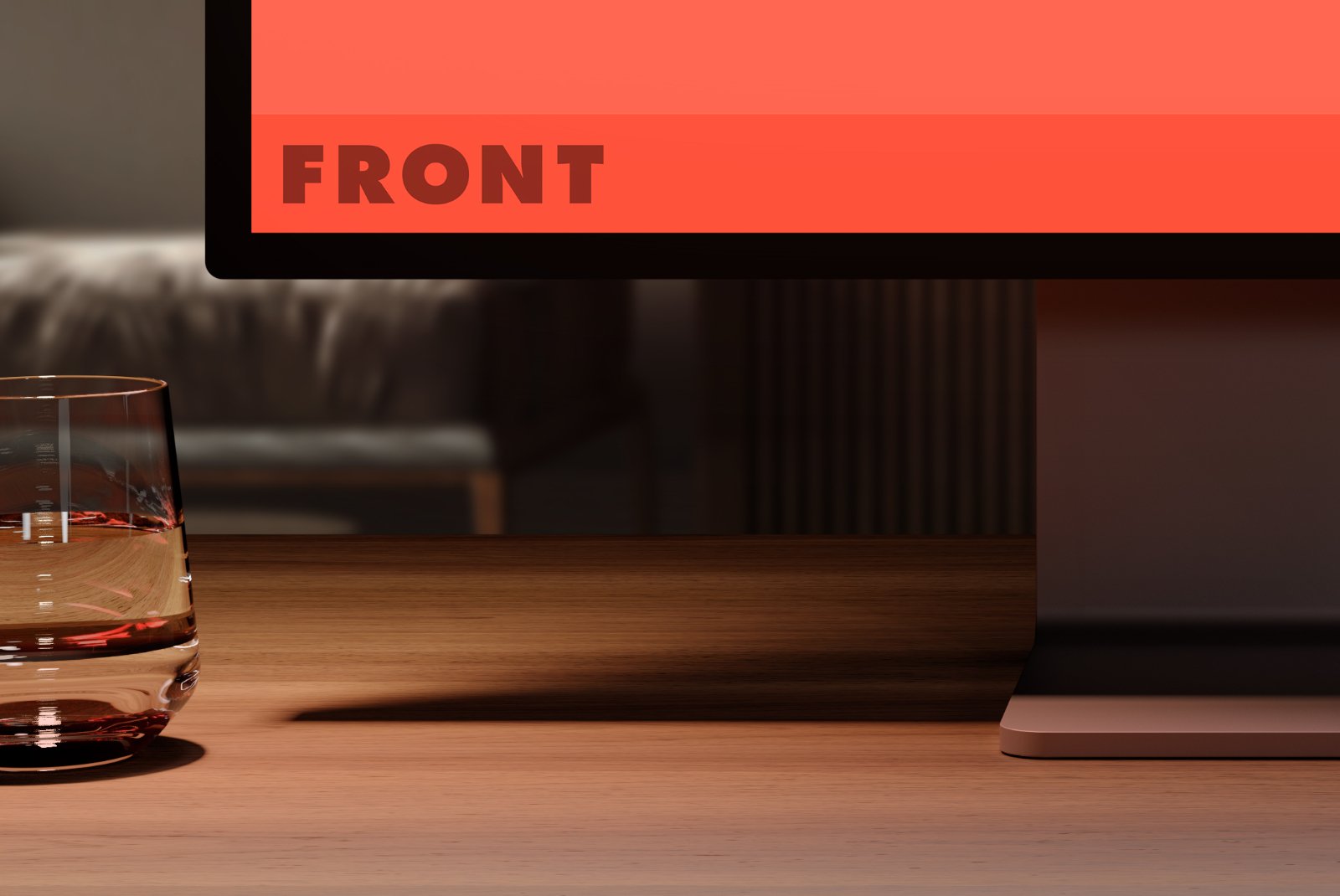 Close-up of Studio Display and water glass on warm wood desk – FRONT Mockups