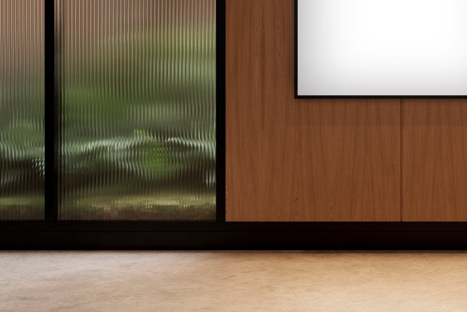 Partial view of display and vertical paneling with frosted glass – FRONT Mockups