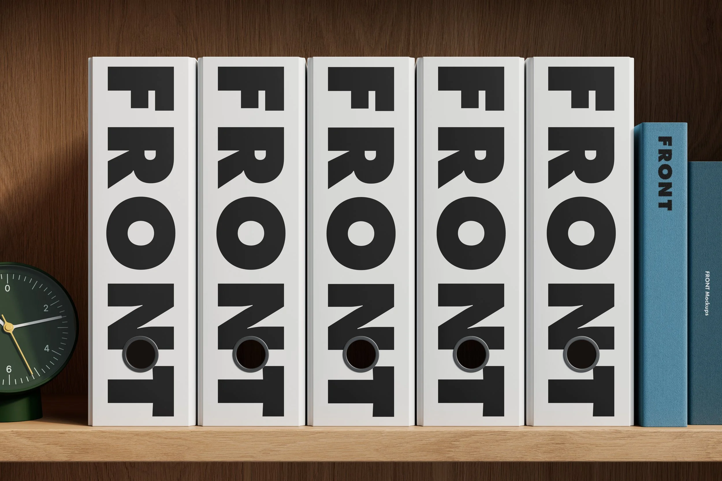 Folder shelf mockup showing bold graphic designs applied to multiple folders