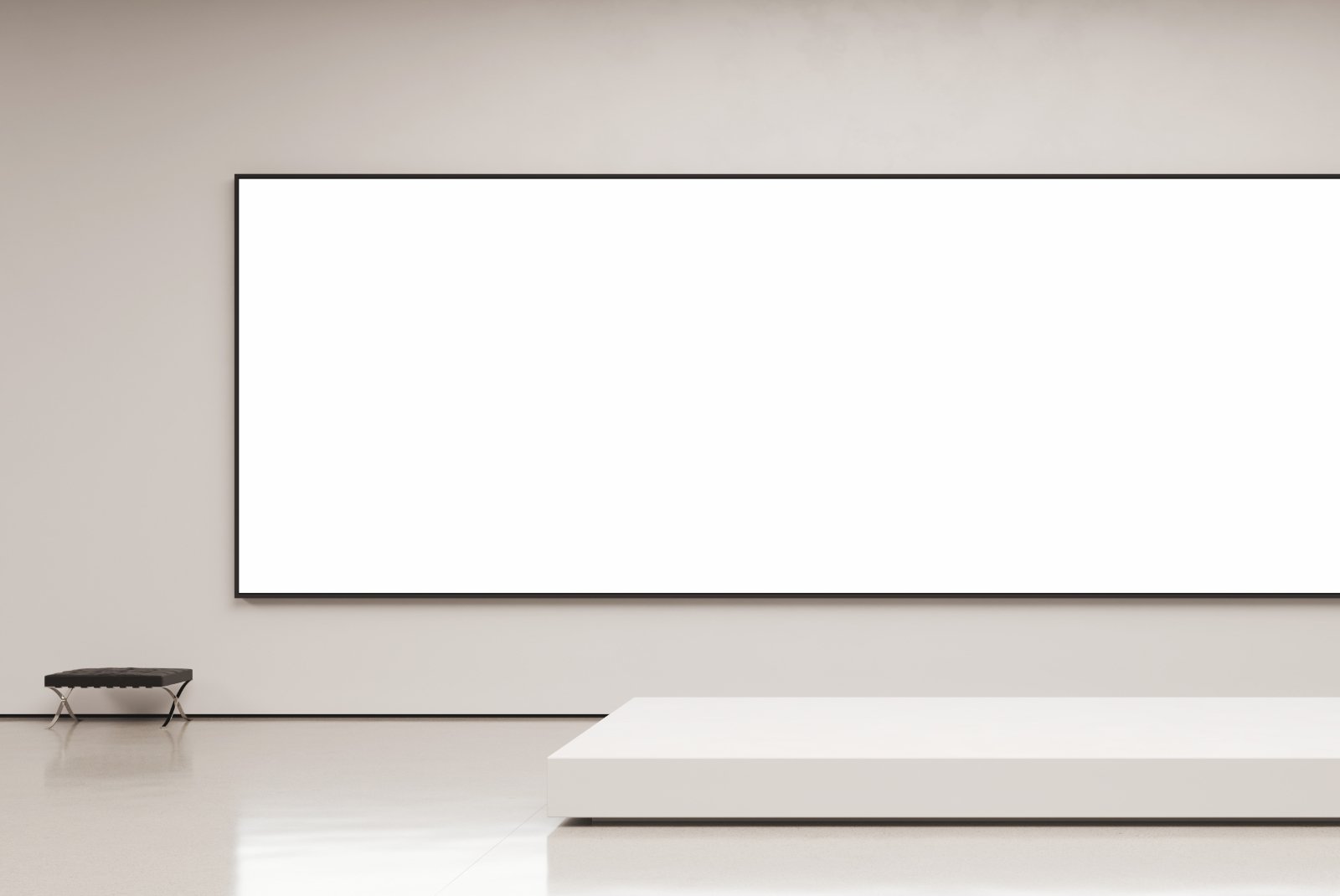 Close-up of blank screen on gallery wall with seating in foreground – FRONT Mockups