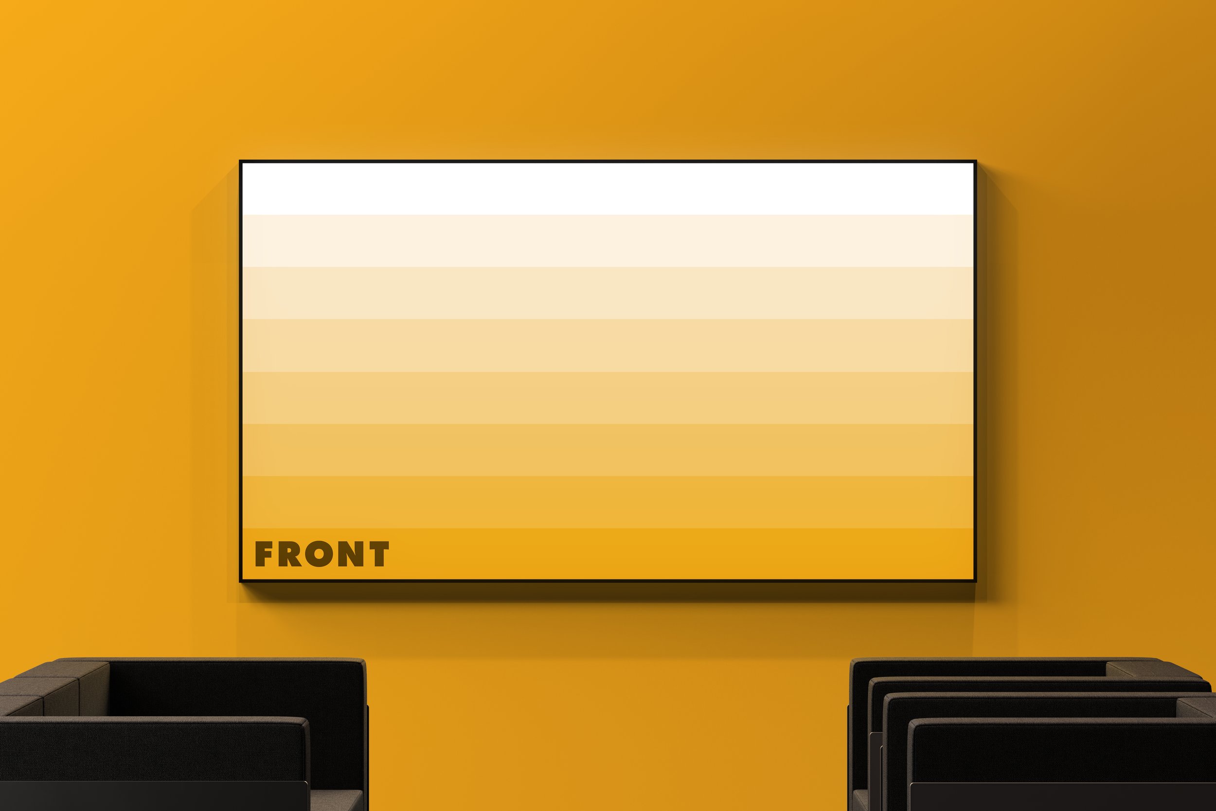 TV lounge exhibition booth mockup with painted yellow wall and illuminated display
