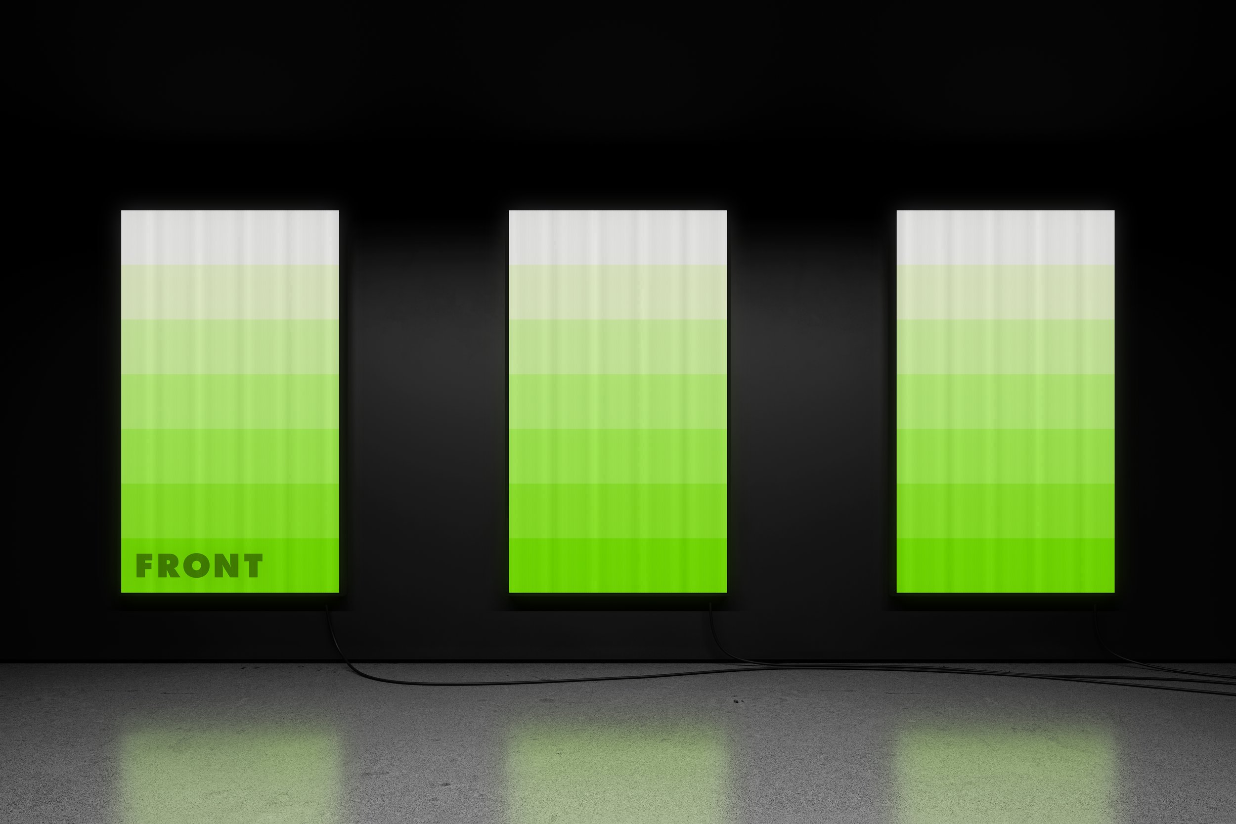 Triple screen mockup in dark room with green visuals and FRONT branding – FRONT Mockups