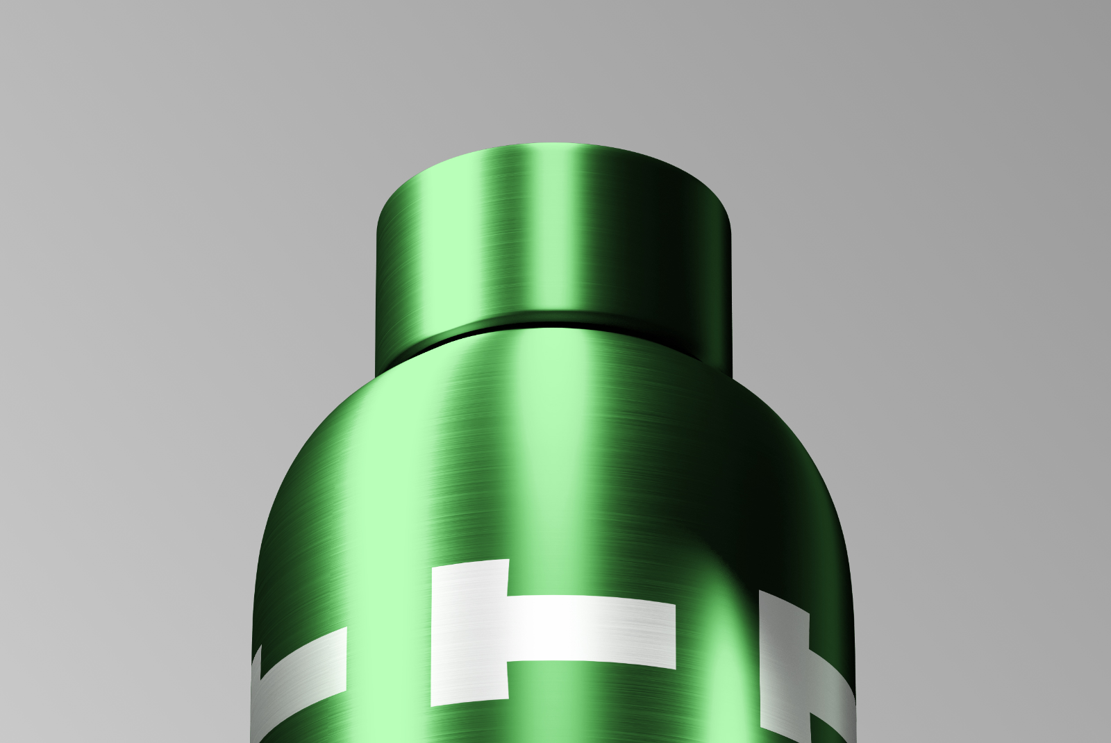 Close-up of green bottle cap mockup with white vertical branding and soft lighting