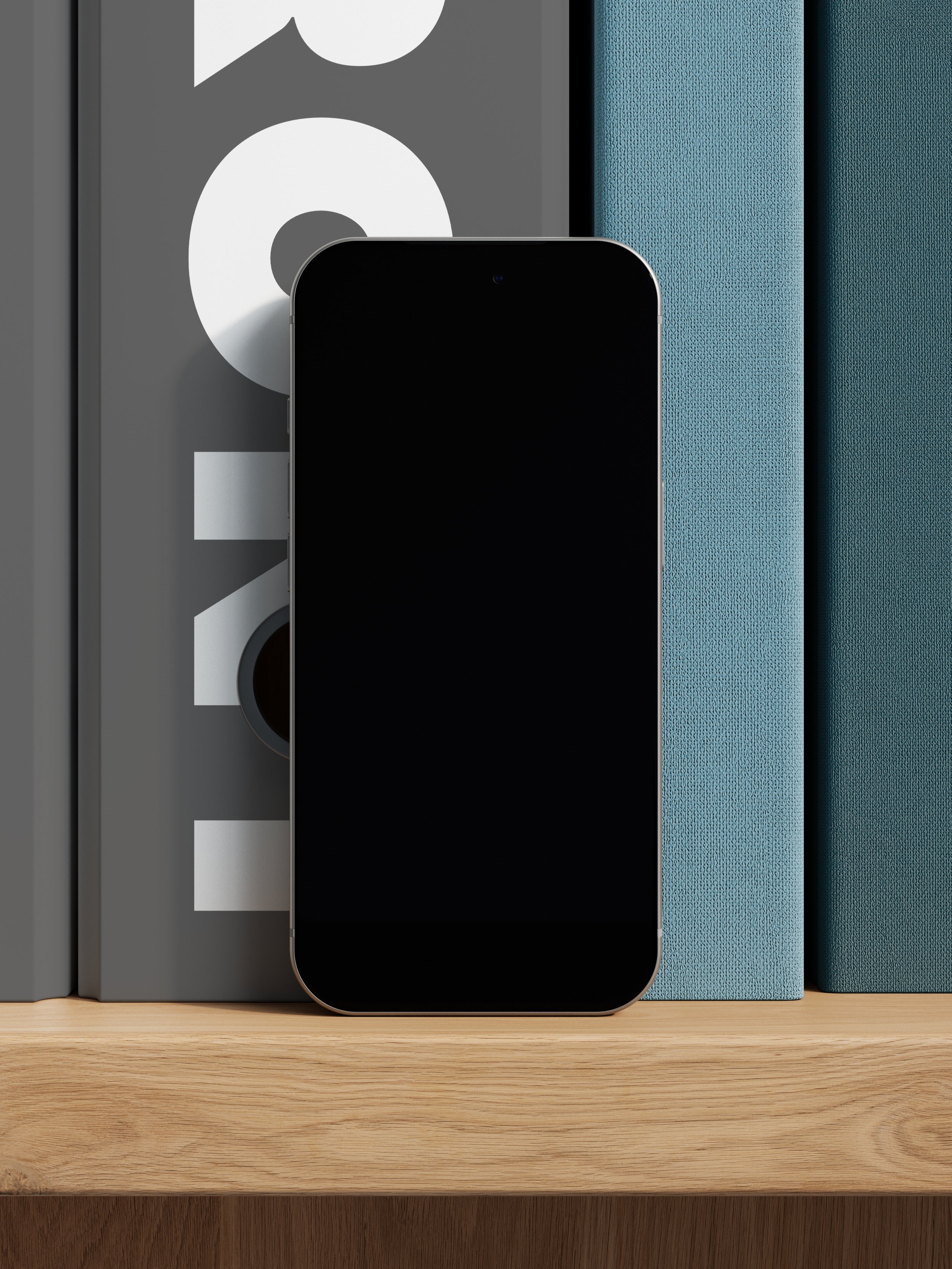 Silver iPhone 18 Pro mockup with a blank screen on a bookshelf
