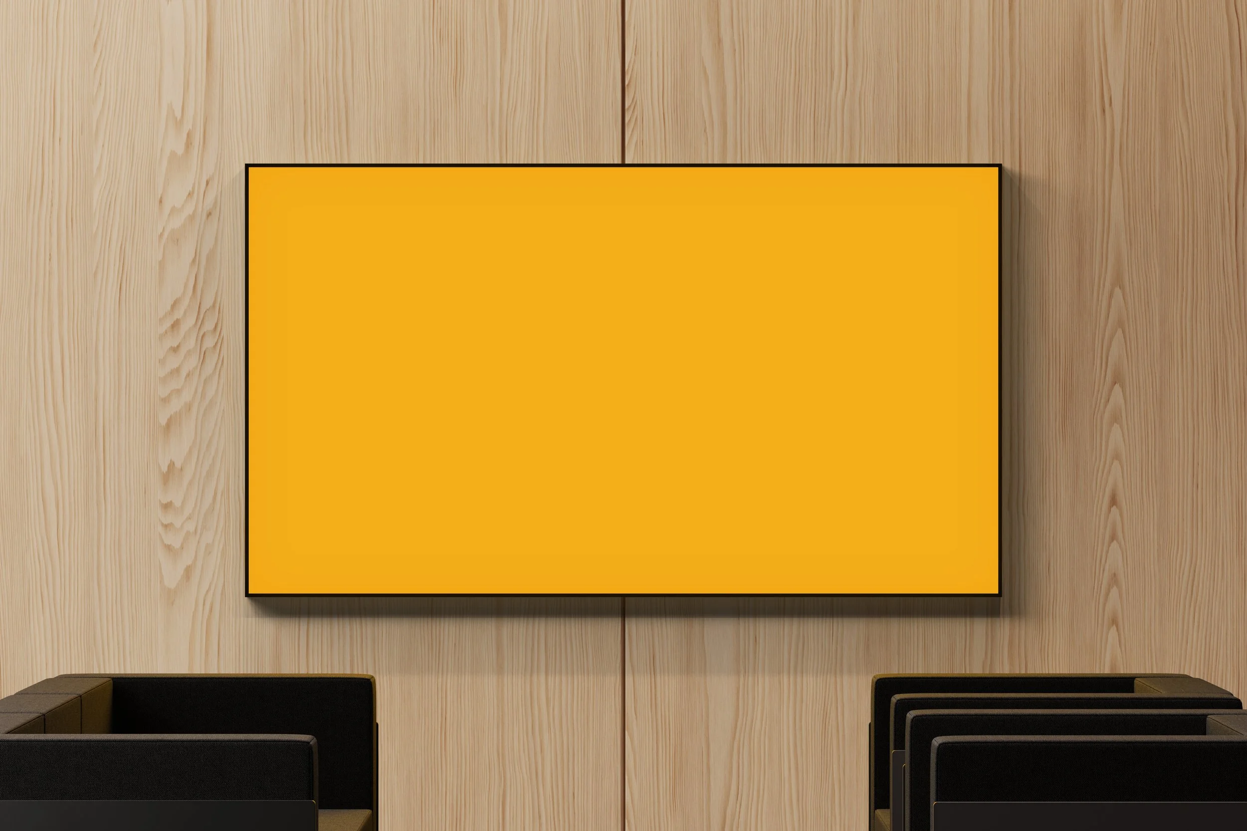 TV lounge exhibition booth mockup with wooden wall and illuminated display