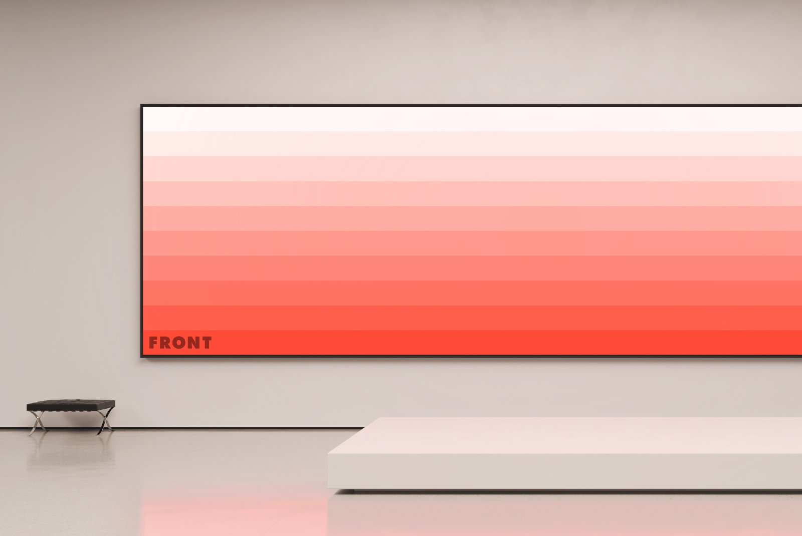 Close-up of large screen mockup on gallery wall with reflection on floor – FRONT Mockups