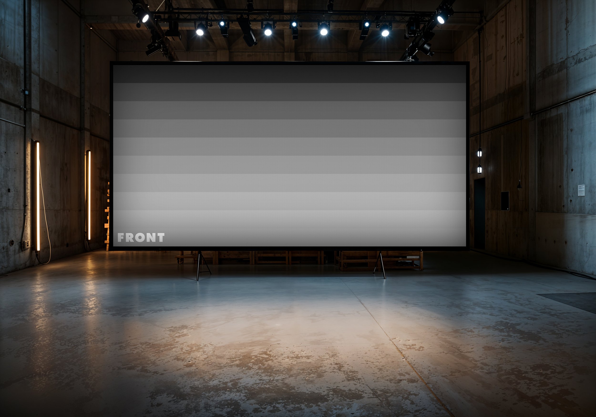 Gritty warehouse projection wall with blank placeholder – FRONT Mockups