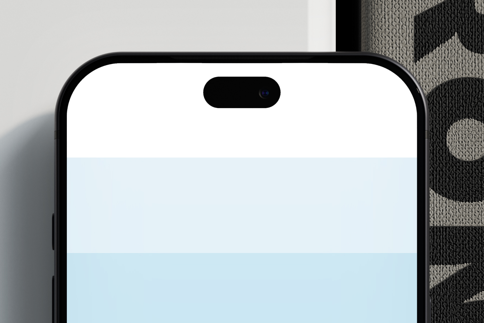iPhone 18 Pro mockup with blue screen artwork, close-up of the display and Dynamic Island