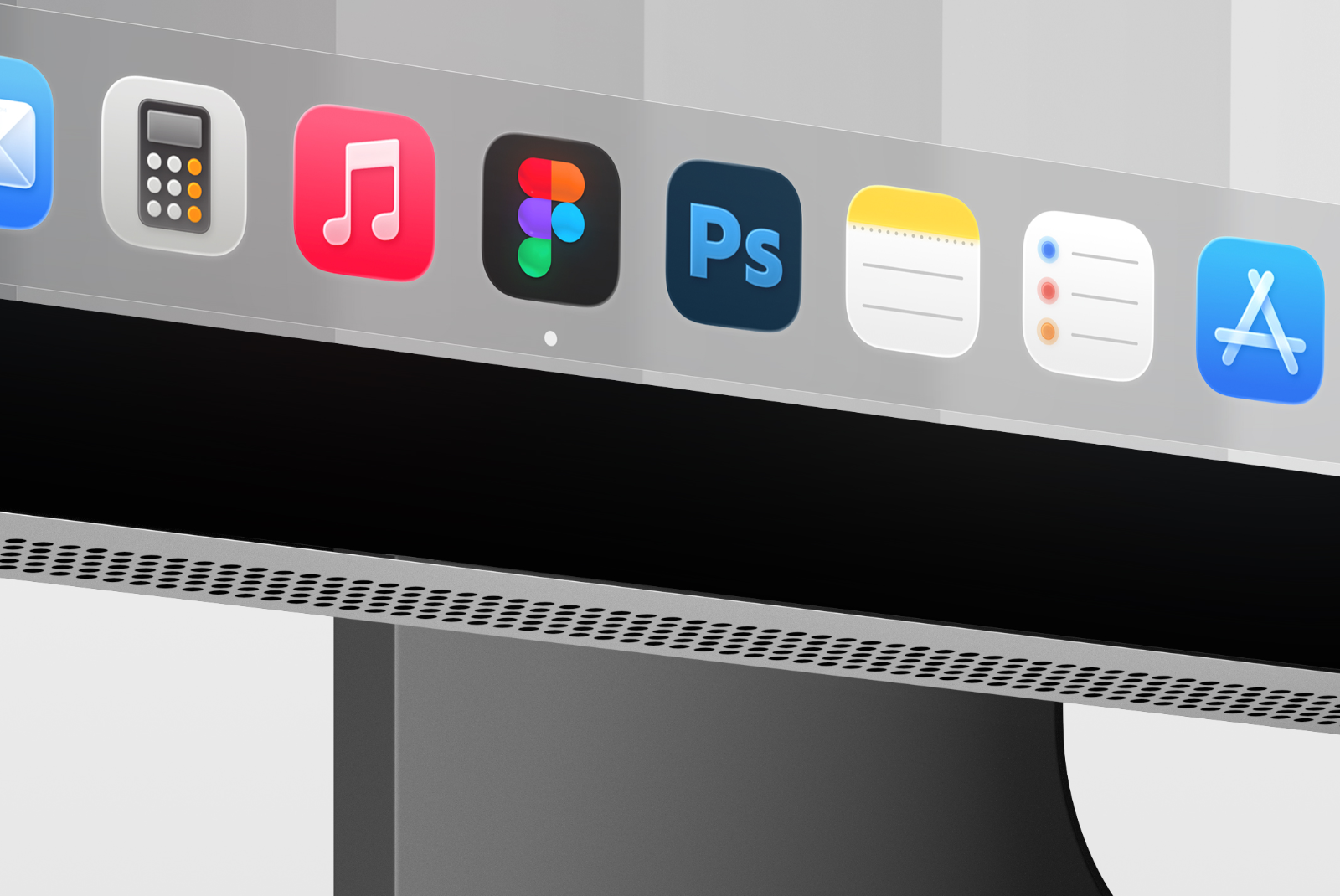 Apple Studio Display mockup with grayscale wallpaper and app icons