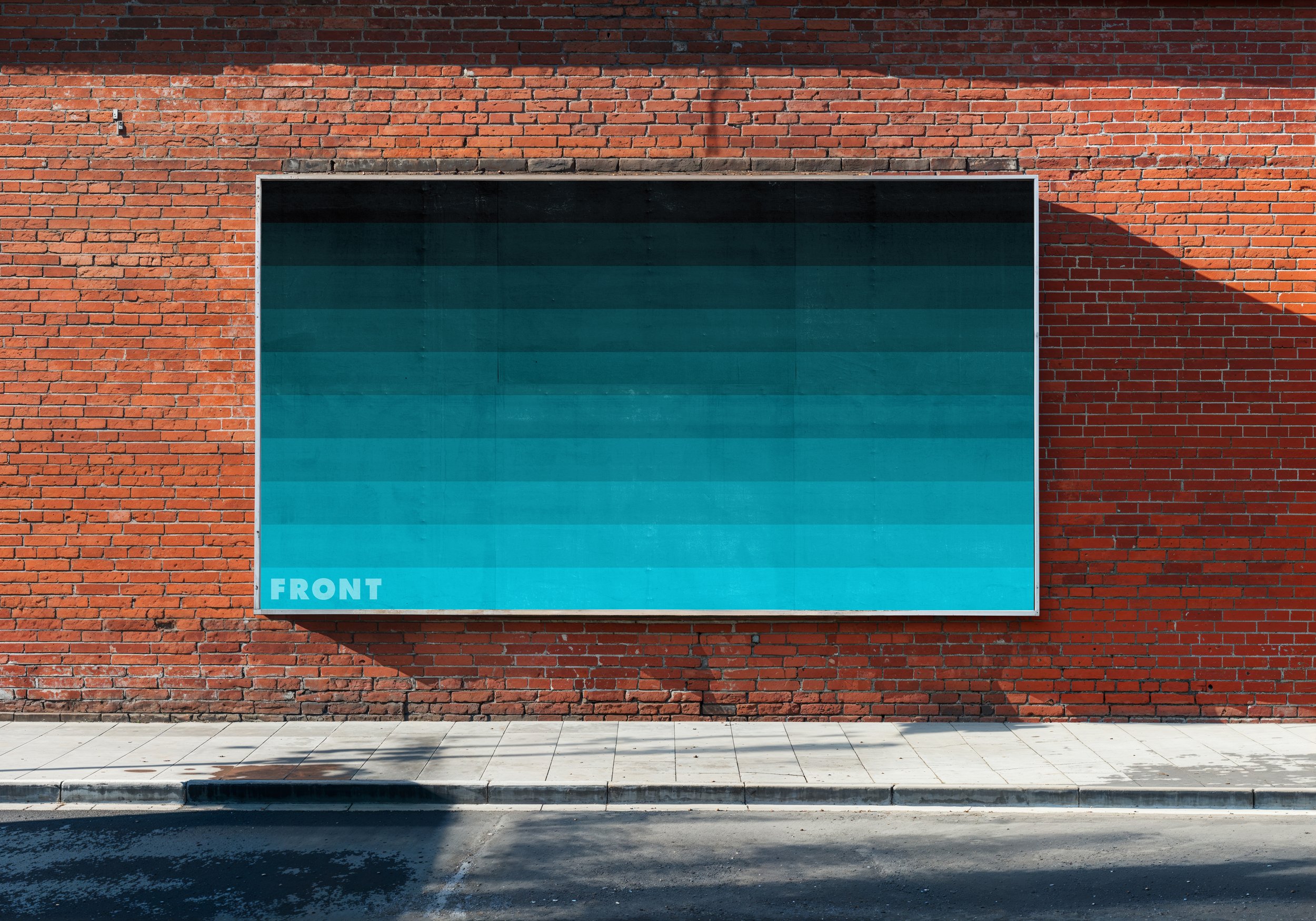 Billboard mockup on red brick wall with blue display – FRONT Mockups