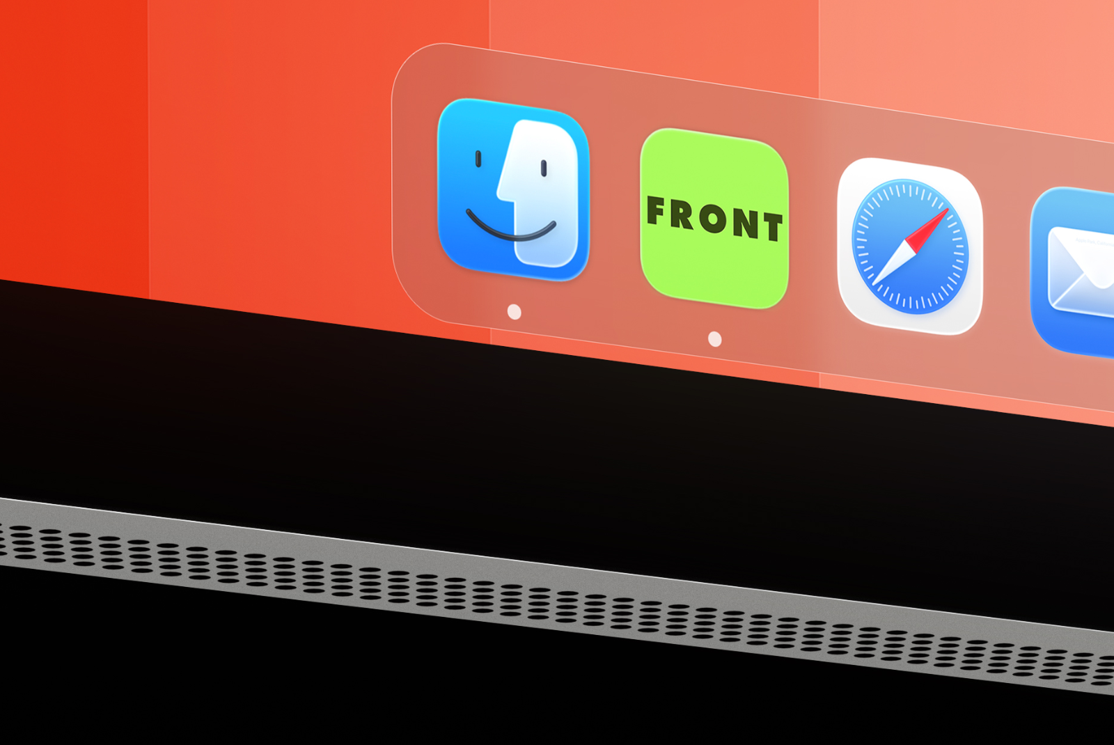 Apple Studio Display closeup showing enlarged dock icons and UI details