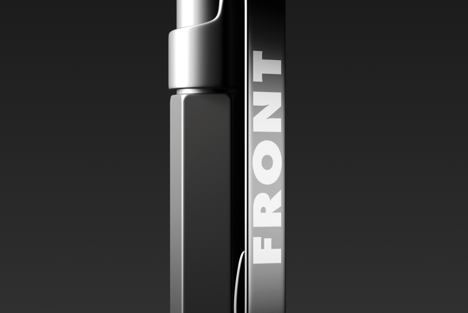 Detailed mockup of a metallic pen with white “FRONT” branding, highlighted on a black background for a sleek presentation.