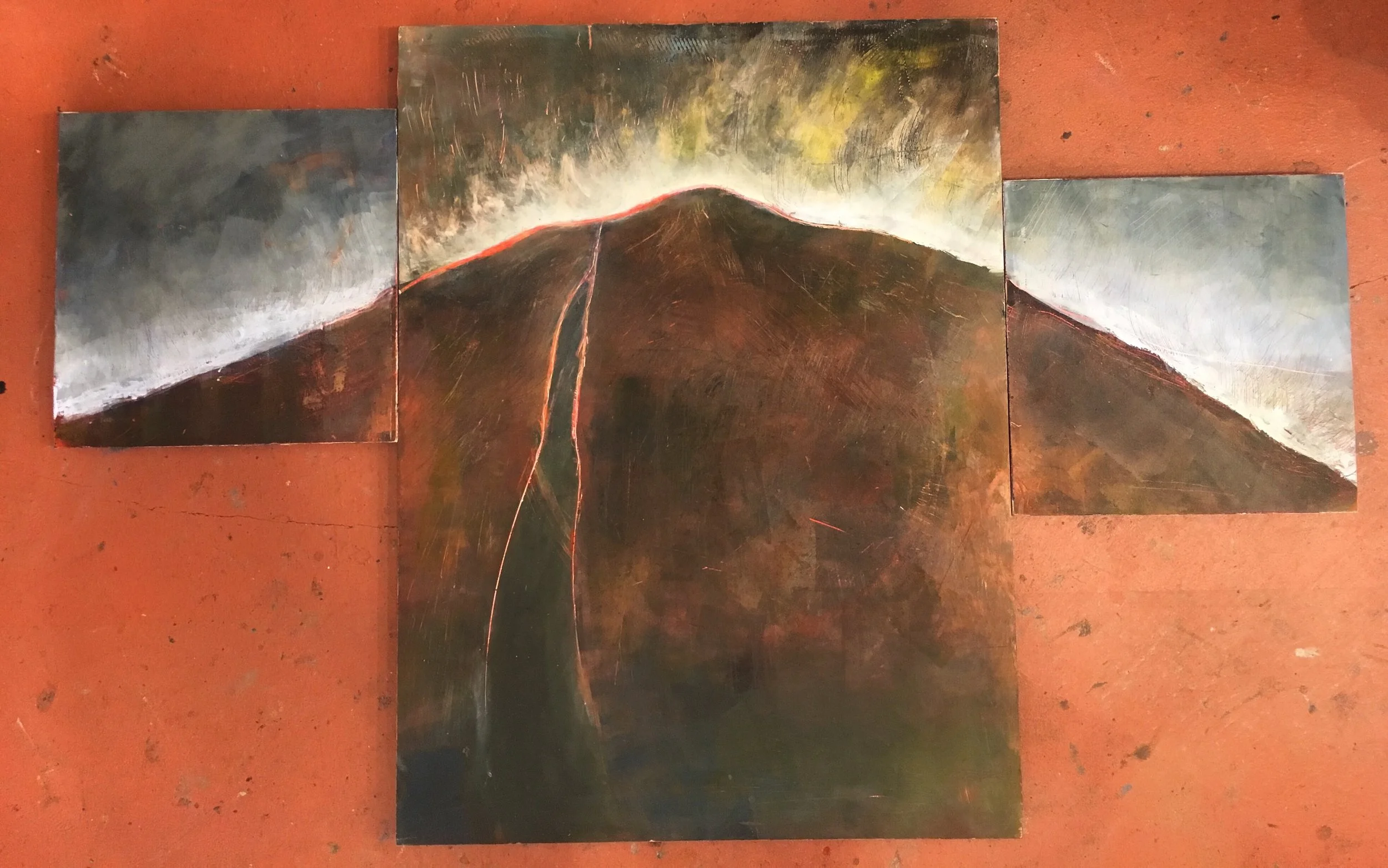 Fire in Mix Canyon 
triptych on birch panels 
24" x 18" and (2) 10" x "10" 
$750