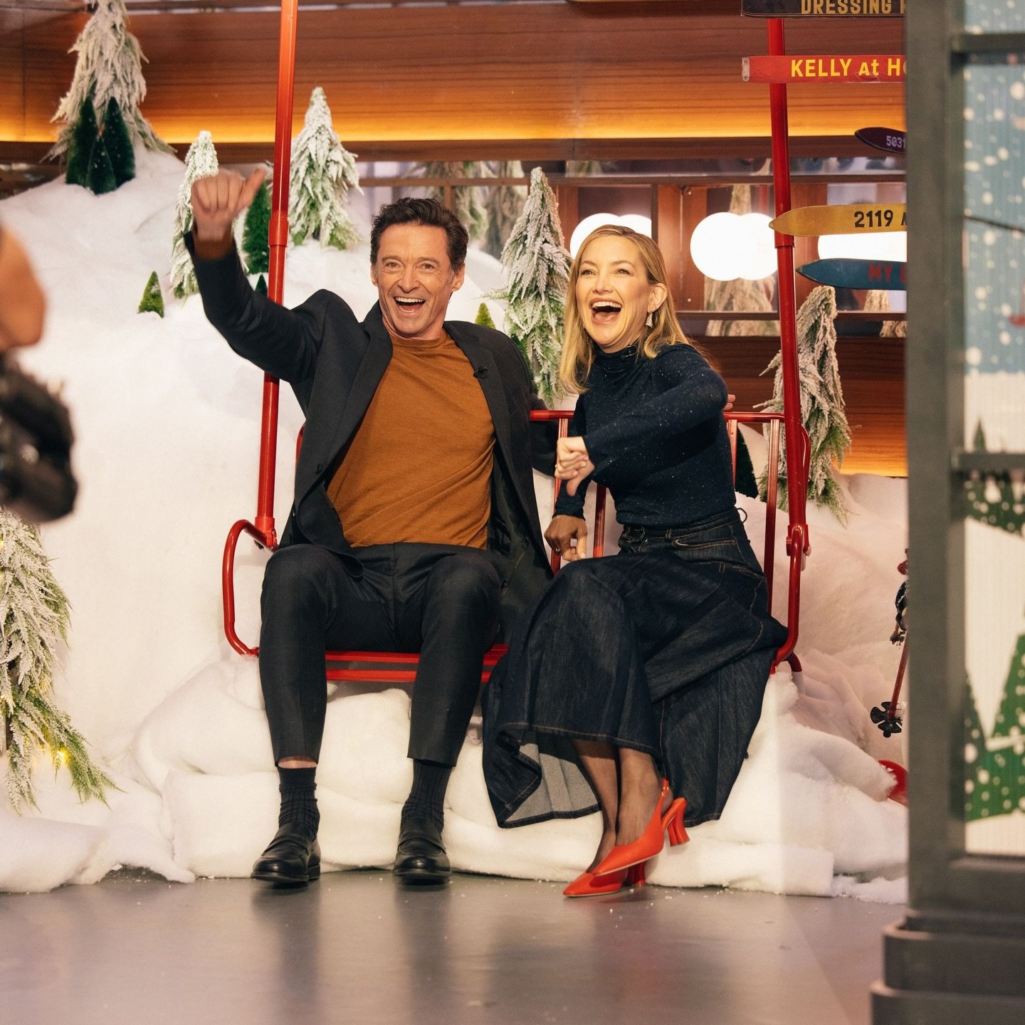 Hugh Jackman and Kate Hudson on our ski lift in the guest entrance - Holiday Set 2025