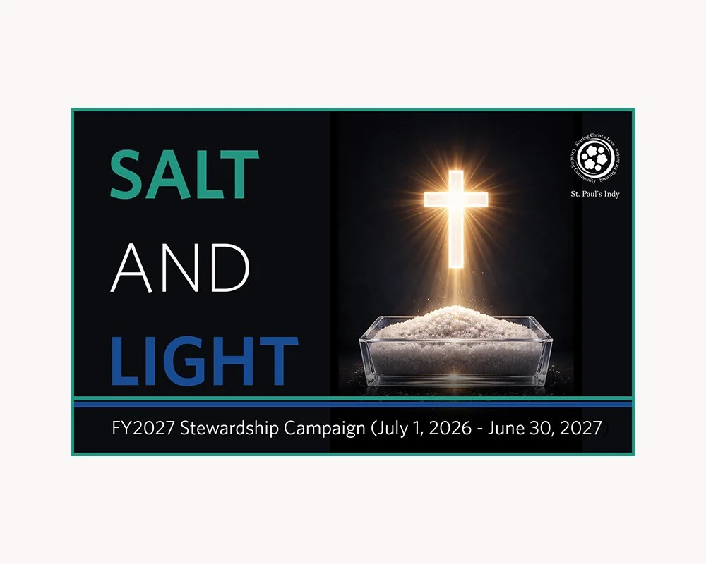 A flyer for an annual appeal event at St. Paul's Indy with the theme 'Sharing Christ's Love, Creating Community, Striving for Justice.' Features a large cross made of tiny images of people, with the event details and a logo in the corner.