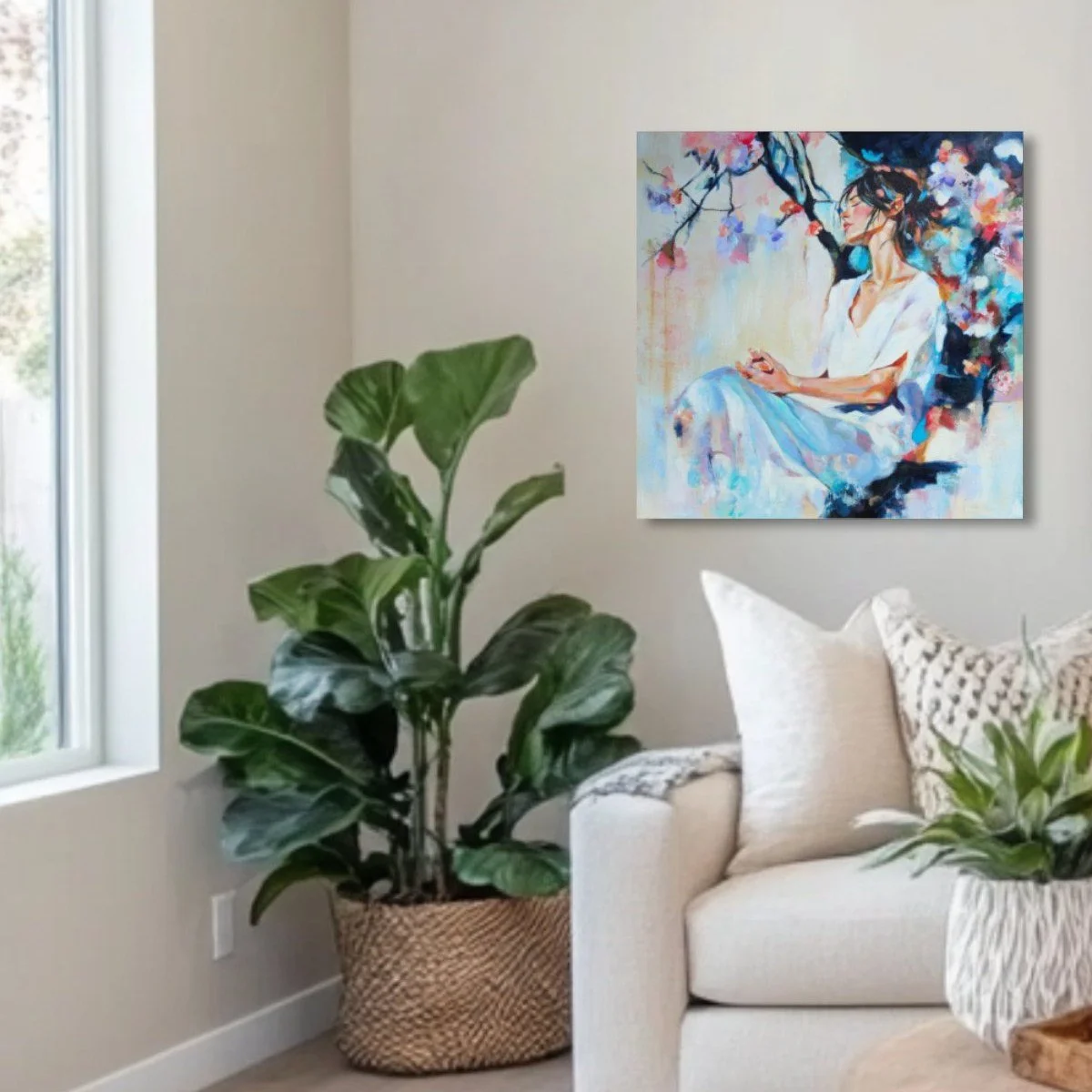 She rests among blossoms, her breath in harmony with the garden&rsquo;s quiet rhythm. A reminder that in stillness and presence, we bloom. 🌿💫

✨ In Quiet Bloom ✨ is a meditation in paint, a portrait of serenity framed by nature&rsquo;s blossoms. Th