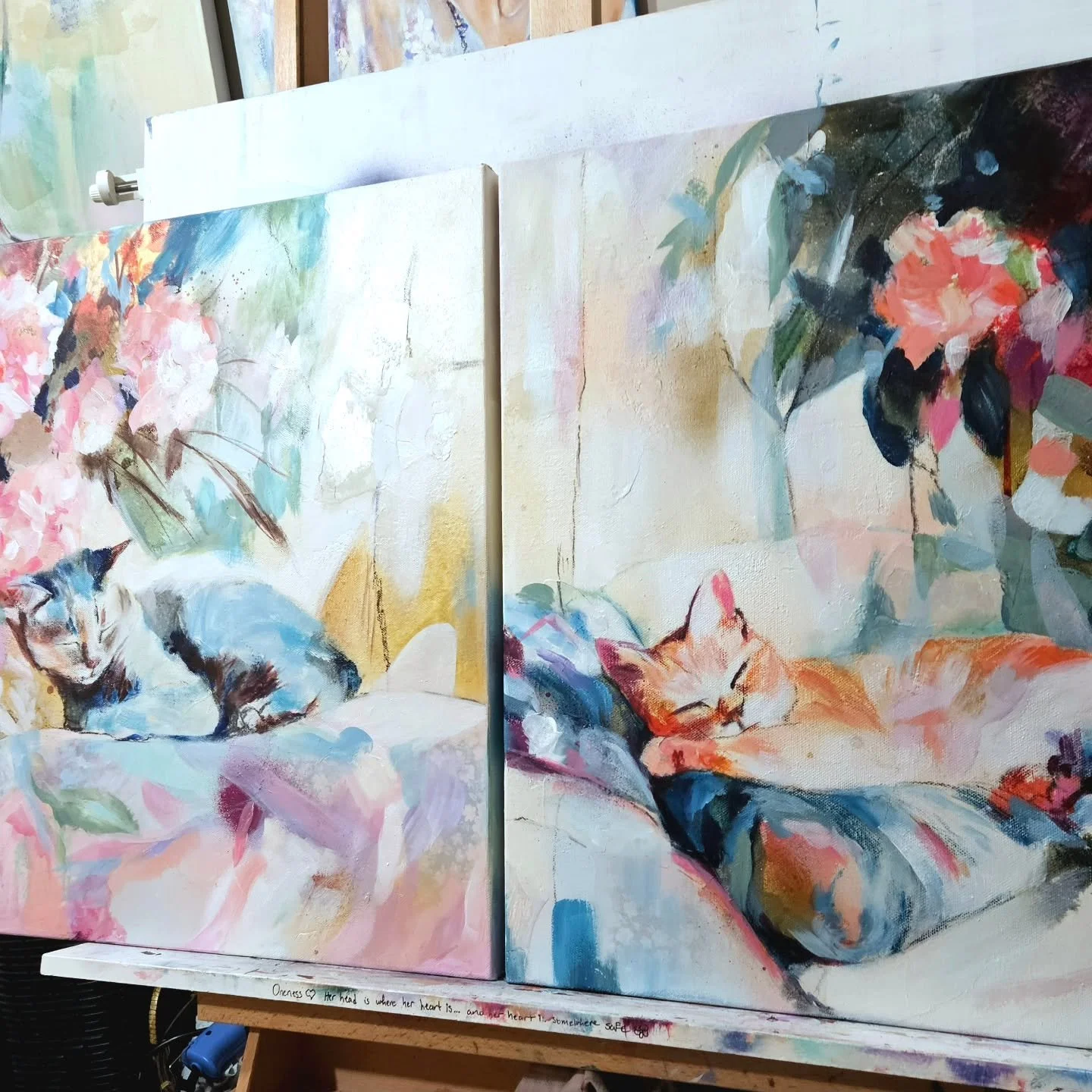 Working on these new cutie pies 😊 Two cat paintings, in-progress on my easel 🐈🐈&zwj;⬛️
