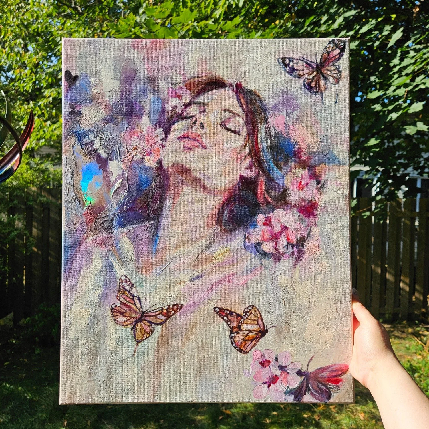It's a tender meditation in oil and light,
for the hearts that long for calm, beauty, and softness. 
I added the butterflies since they remind me to feel the grace in every moment. 
🕊️ 'Drifting into Grace' is a new painting from the Quiet Joy ser