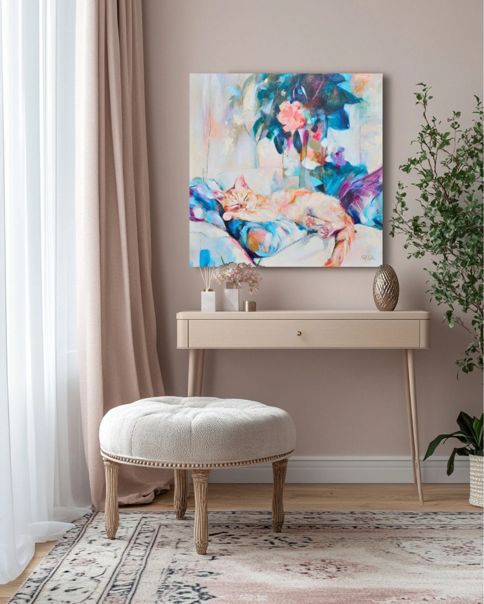 How this painting turned out makes me happy. 'Dreaming in Light' offers a glimpse into a world unhurried, serene, and deeply at peace.
 
It brings warmth and calm to any space with its luminous color palette and gentle pose. It&rsquo;s a quiet reflec
