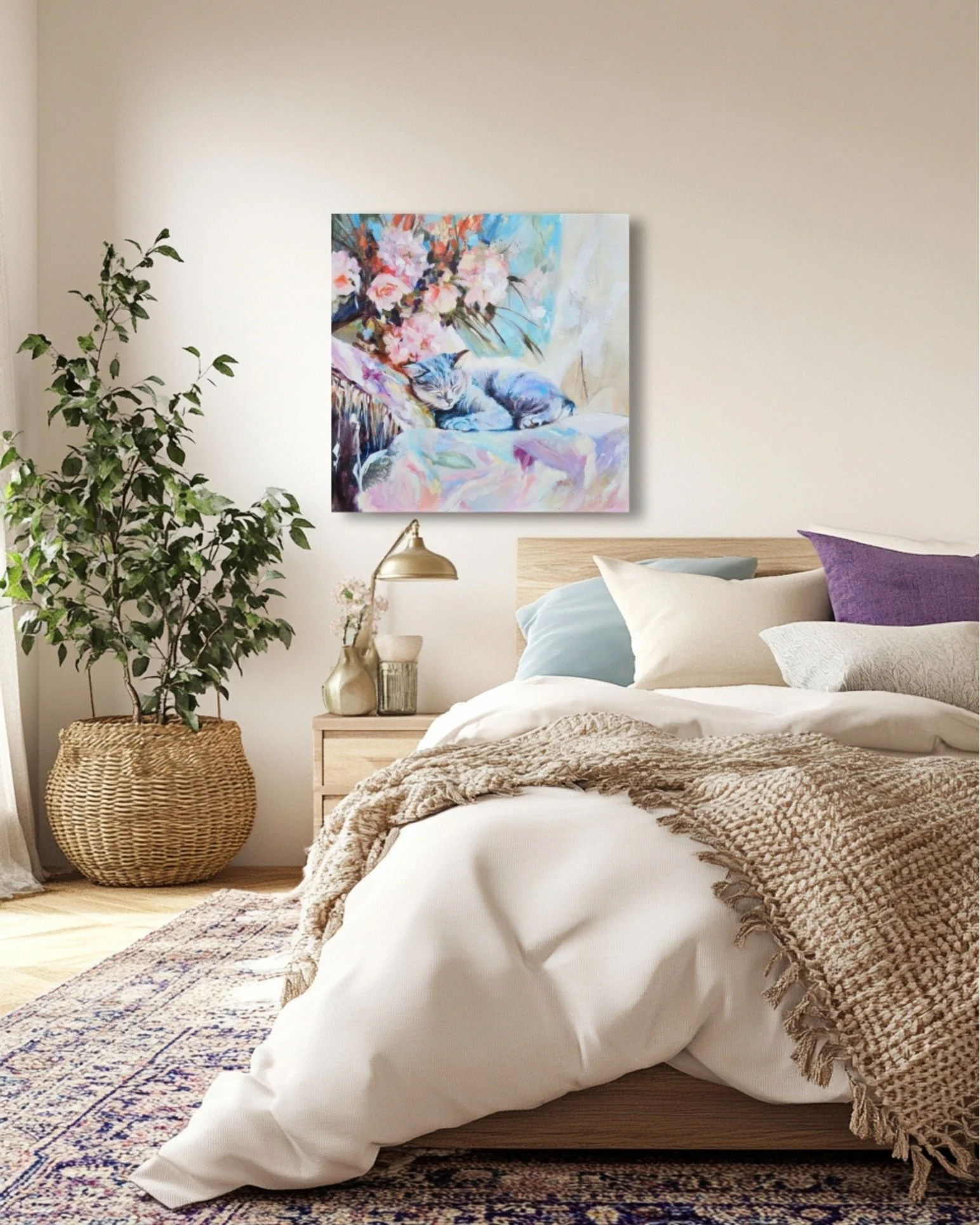 There&rsquo;s a sacred calm in simple moments. 'Dreaming in Bloom' invites you into a world where light moves tenderly and quiet moments become art. The soft interplay of floral tones and the serene figure of the resting cat evoke intimacy, peace, an