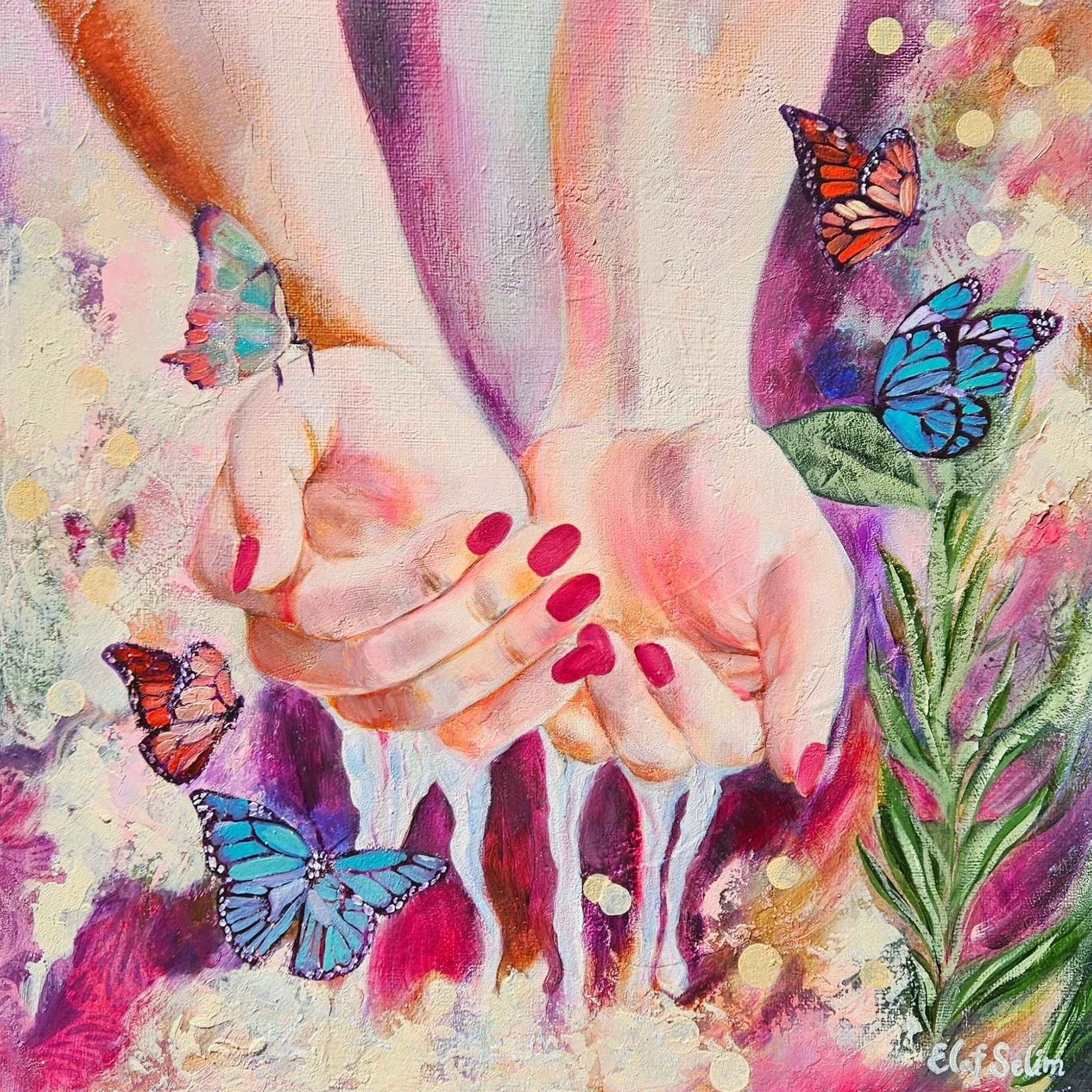Something fleeting, like water slipping through fingers or love too delicate to hold. Around them, butterflies rise in tender motion, drawn to the quiet magic of the scene 🦋

'Touching Miracles' celebrates the beauty found in gentleness and openness
