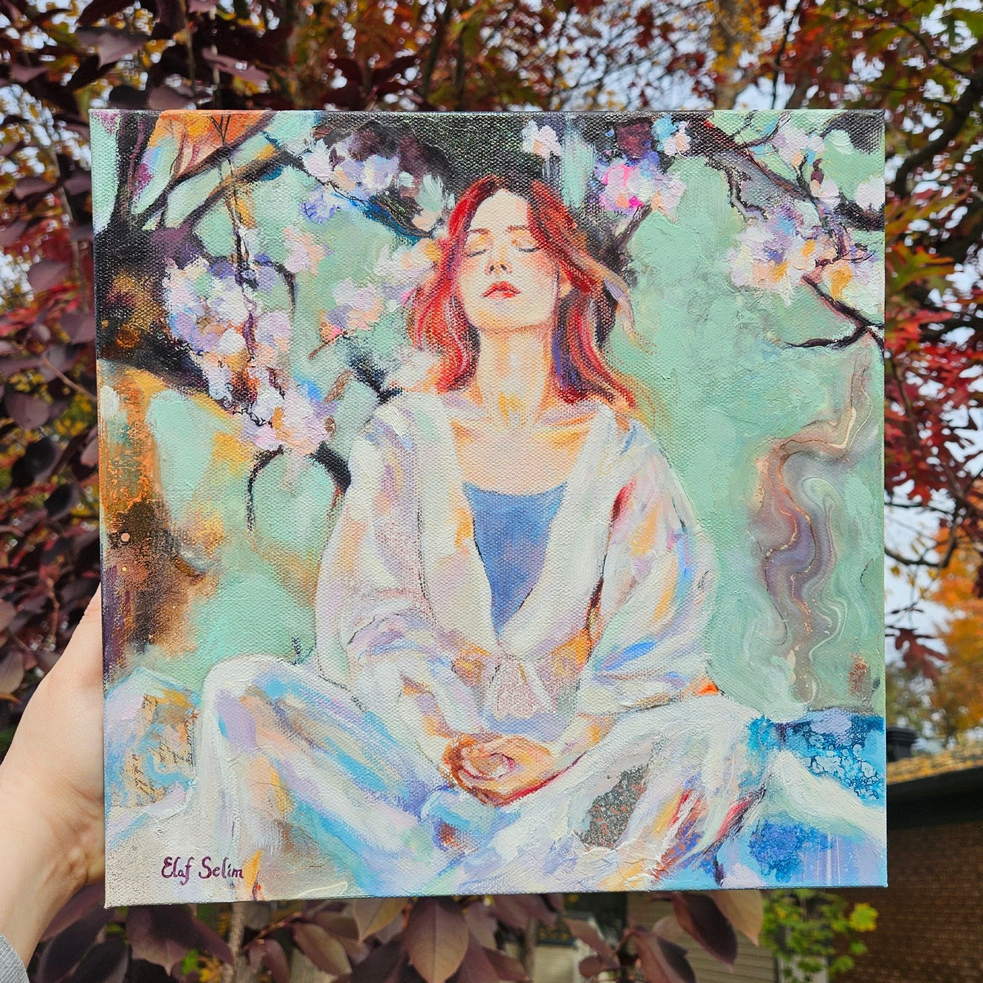 'Beneath the Blossoms' is a painting that radiates serenity. It has peaceful stillness that mirrors the calm rhythm of the garden; an invitation to slow down and reconnect with your own breath.

It pairs beautifully with other paintings from the Gard