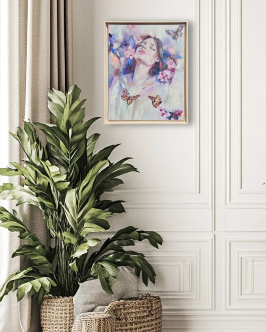 She closes her eyes and lets herself dissolve into the morning air, where blossoms, butterflies, and dreams gently intertwine 🦋 In this painting, serenity takes form through delicate tones of rose, lavender, and cream, layered with luminous textures