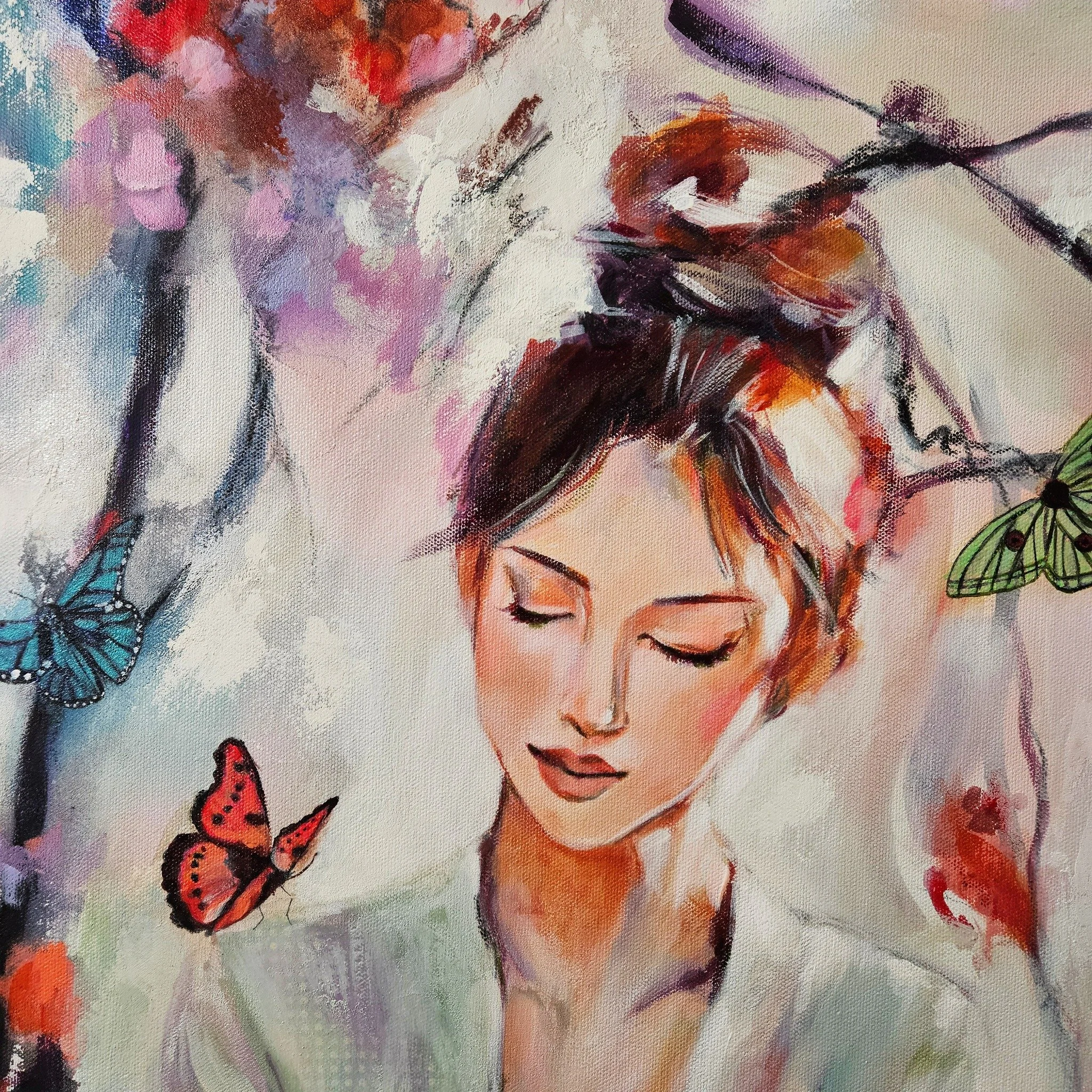 She sits quietly, as delicate wings drift around her - thoughts, prayers, and moments passing softly through light. 

Moments with Delicate Wings 🦋
A painting about stillness, transformation, and listening inward.

From the Garden Meditations series