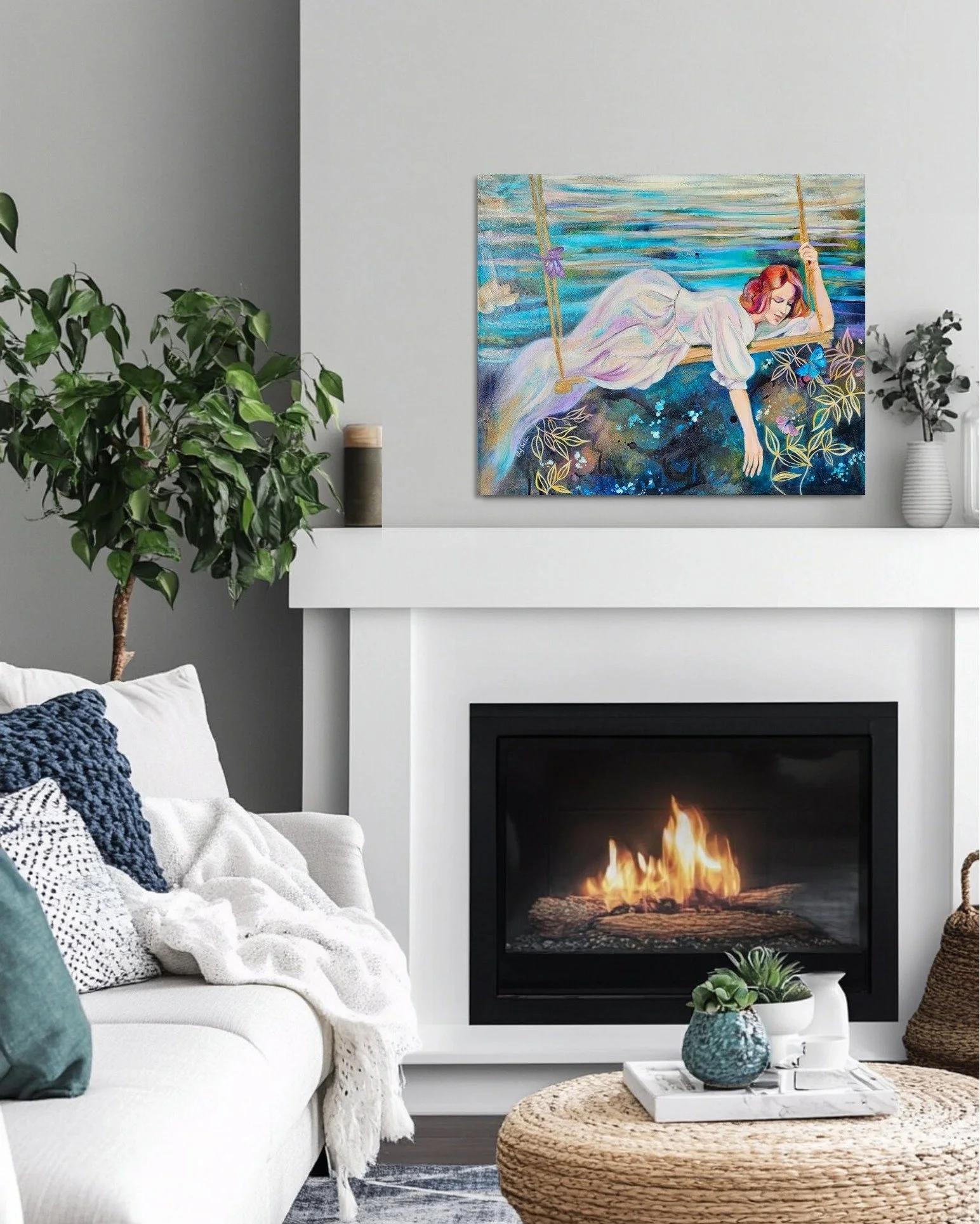 Playful Surrender 🦋 
A moment of letting go,
of trusting the swing,
the flowing water beneath you,
and the quiet joy of being held by the moment.

This painting is about softness without fear
when playfulness meets rest,
and surrender feels light, s