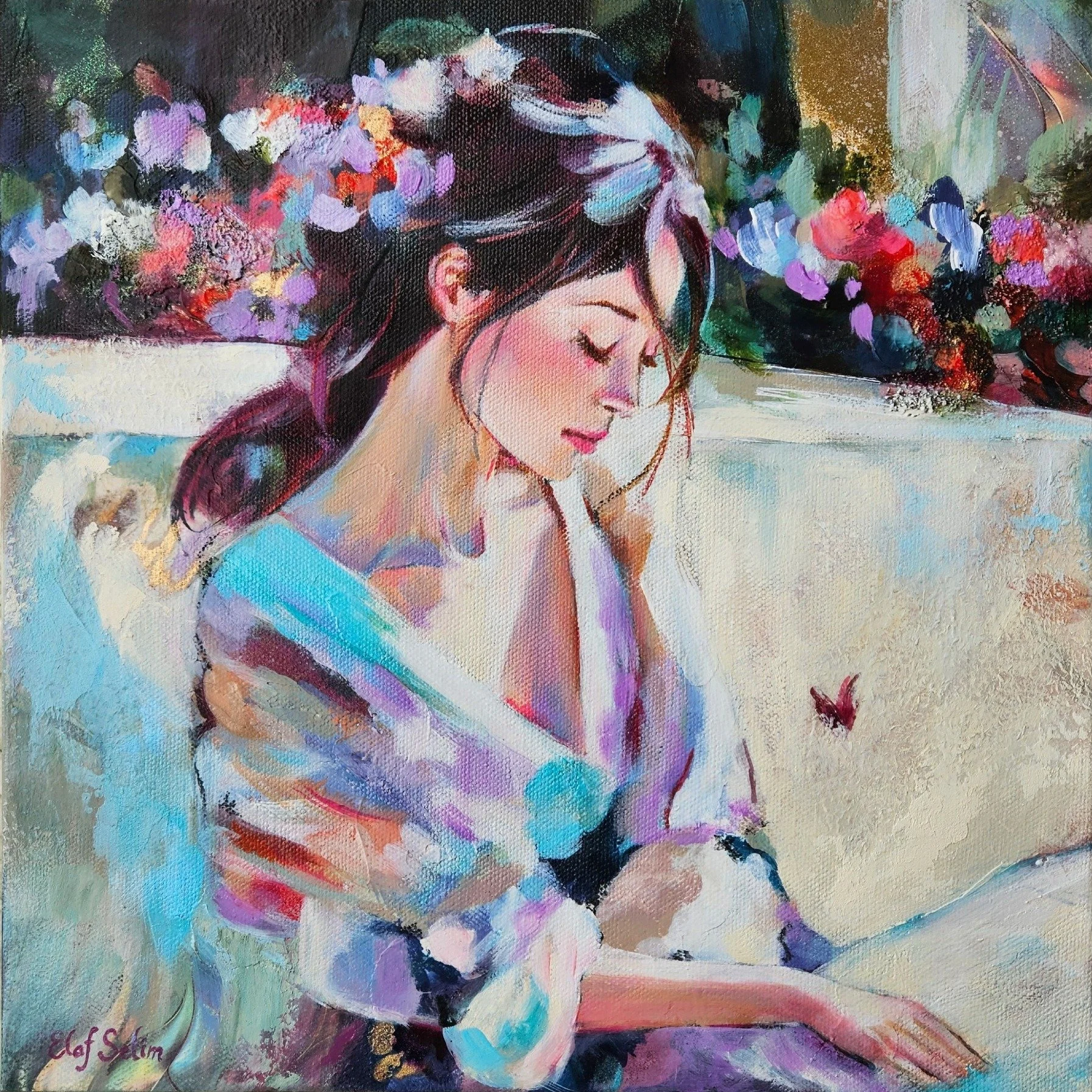 I finished this small painting recently and the oils are not cured yet 🎨

'Where the Light Lingers' captures a quiet moment of inner rest. The figure leans gently forward, her posture soft and unguarded, as sunlight filters through the garden around