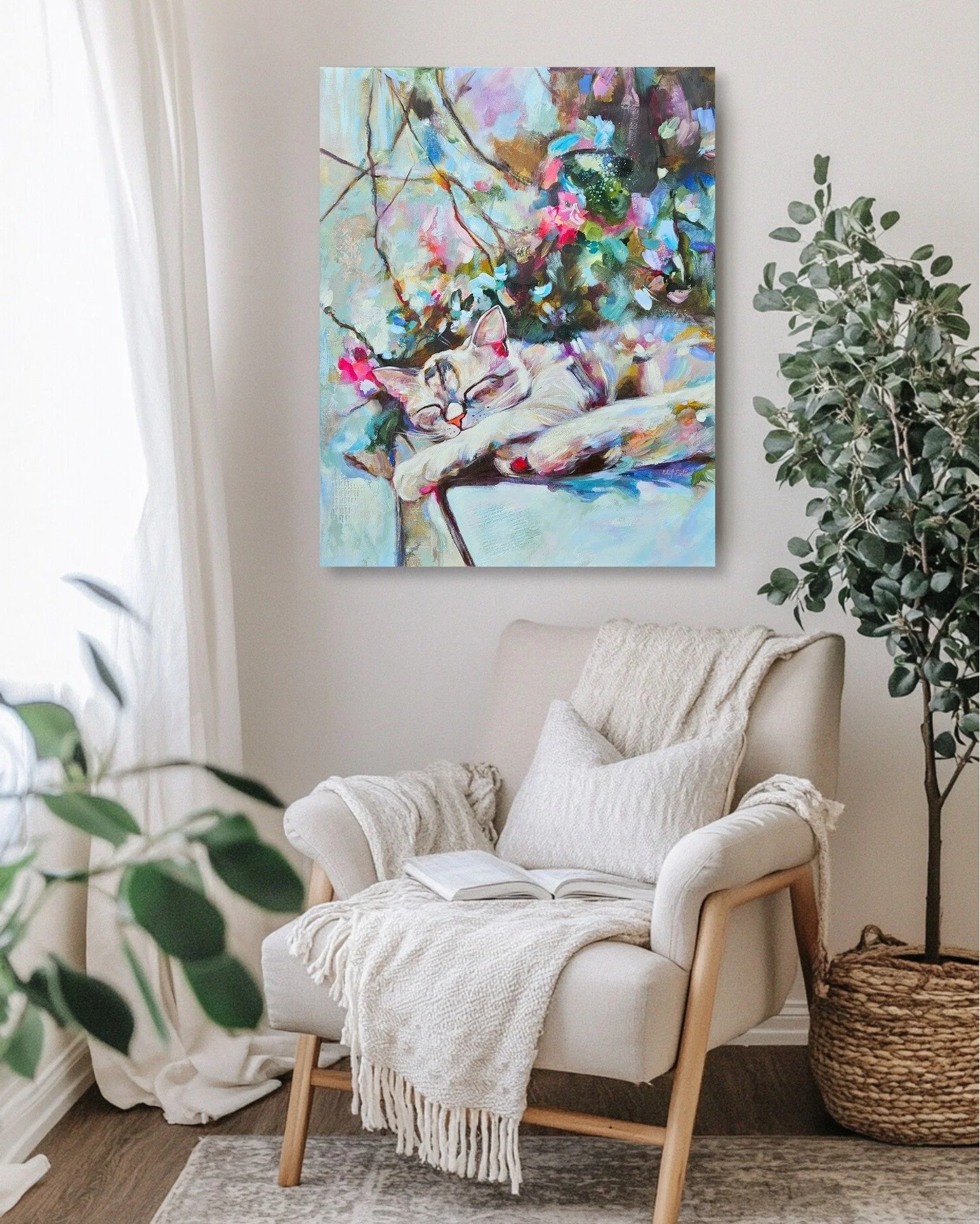 A resting cat stretches gently within a garden in full bloom, its body relaxed and fully at ease. The garden feels alive, abundant, and quietly radiant. A moment of pure presence. A deep comfort in just being. Its body softens receiving warmth, held 