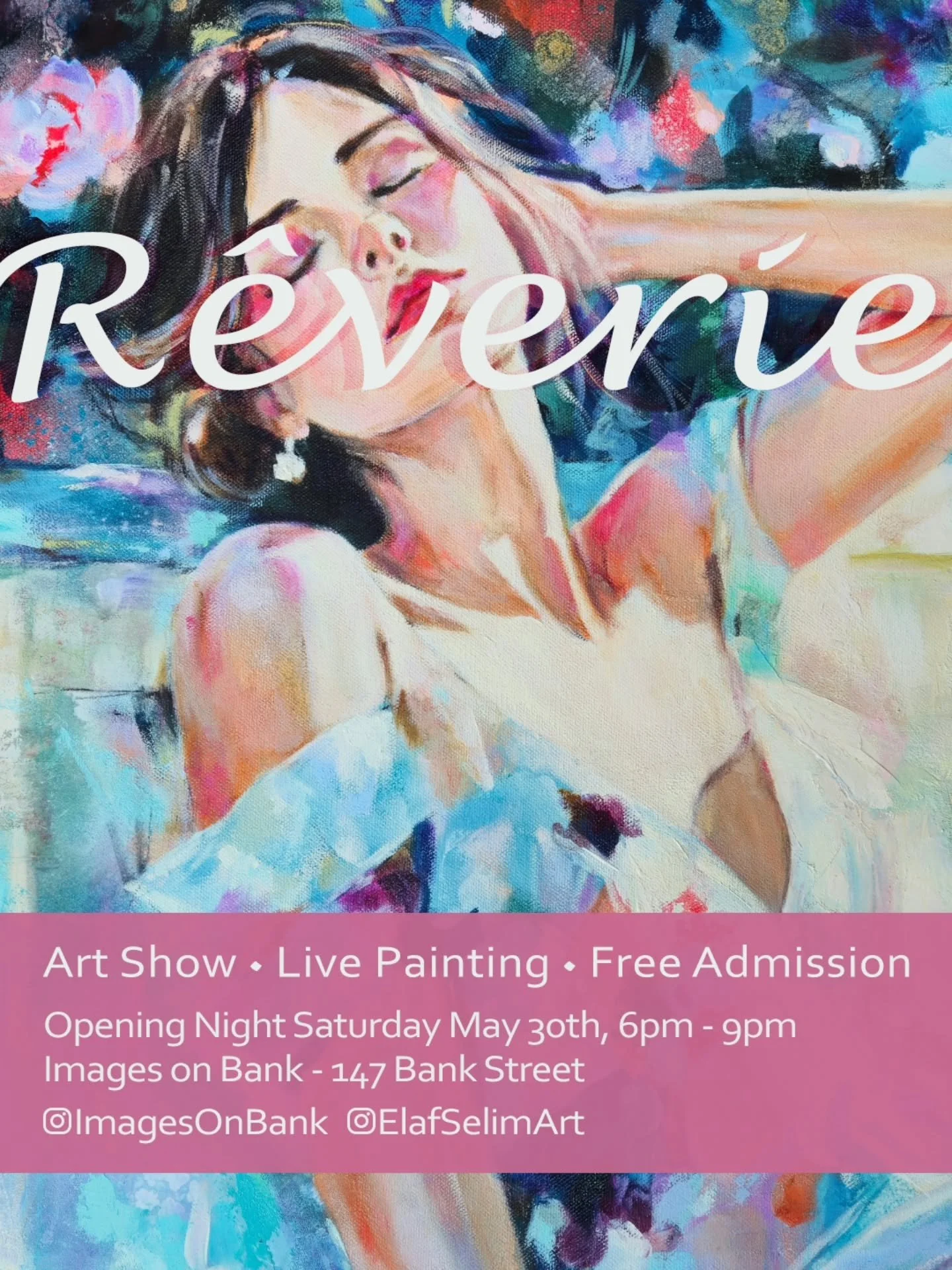 I am excited to invite you to my new solo exhibition 'R&ecirc;verie' which starts this Saturday at Images on Bank in Downtown Ottawa 😊 

Three new original paintings will be released in the show 🎨 

Opening Night Saturday May 30th 🎊
Join us from 6
