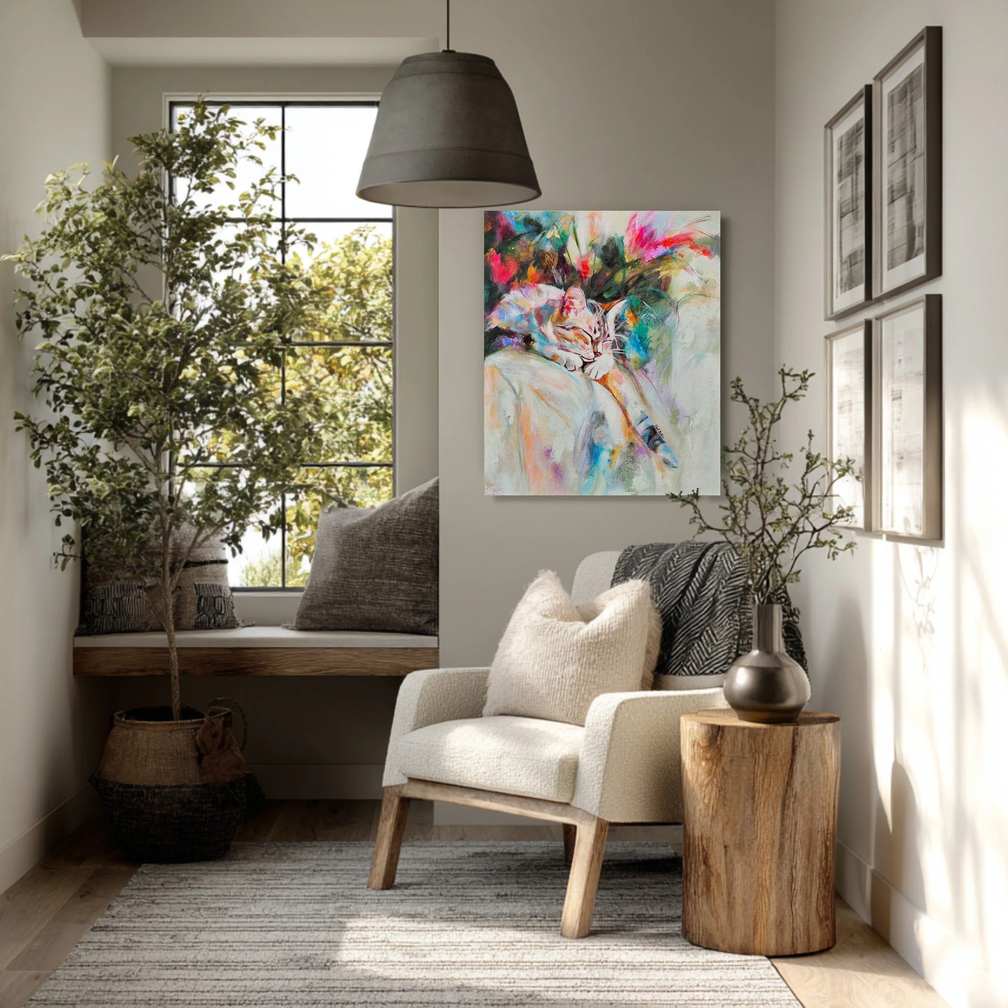 A small cat rests peacefully beneath a cascade of luminous color, suspended between the comfort of home and the wonder of dreams.

In &lsquo;Dreaming in Color&rsquo;, vibrant florals dissolve into expressive brushwork, creating a world that feels bot