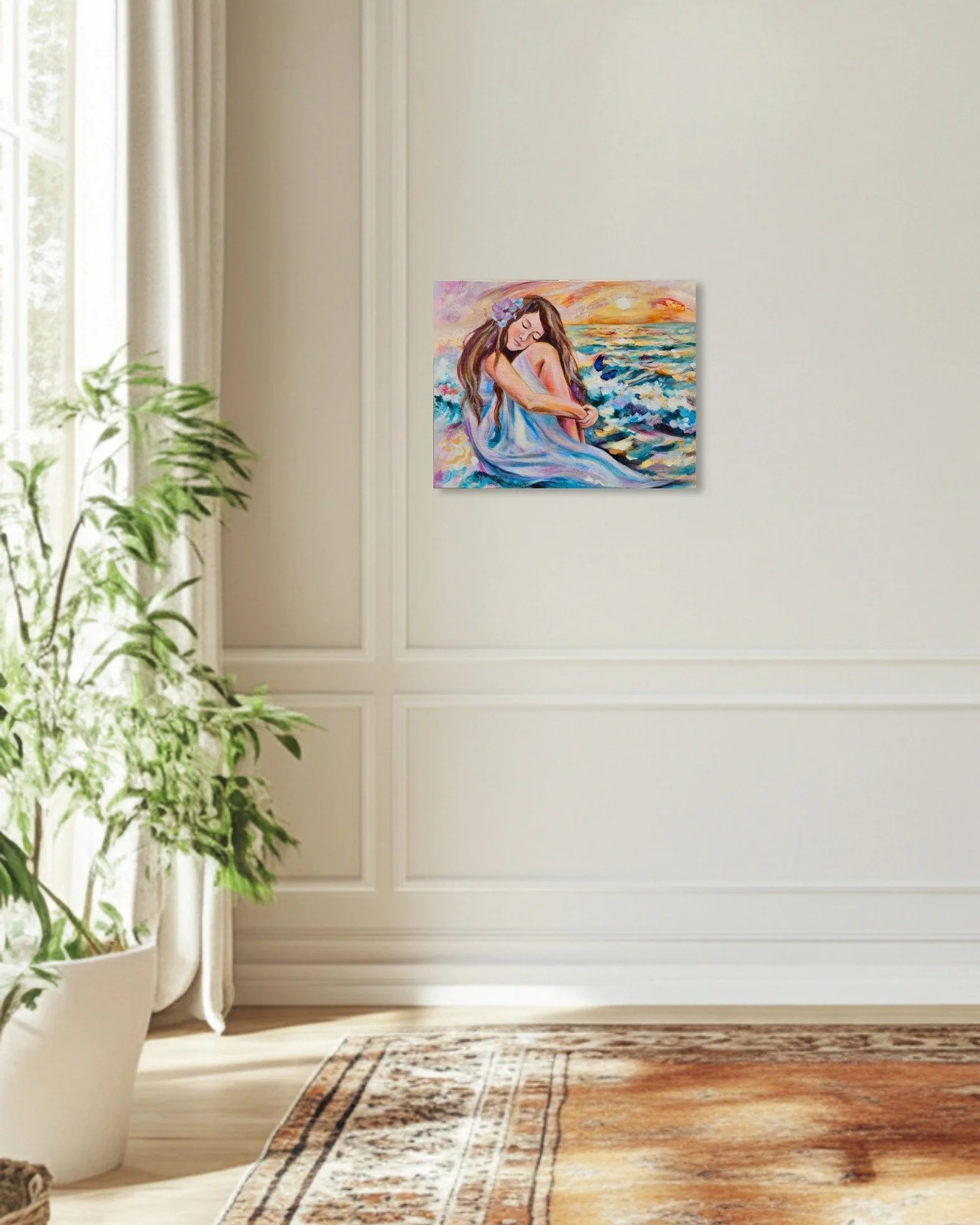 'Resting in Tenderness' is about gentleness, self-compassion, and finding comfort in the present moment. Seated beside the glowing sea, the figure folds inward with quiet ease, her eyes closed as warm evening light dances across the water. Flowing fa
