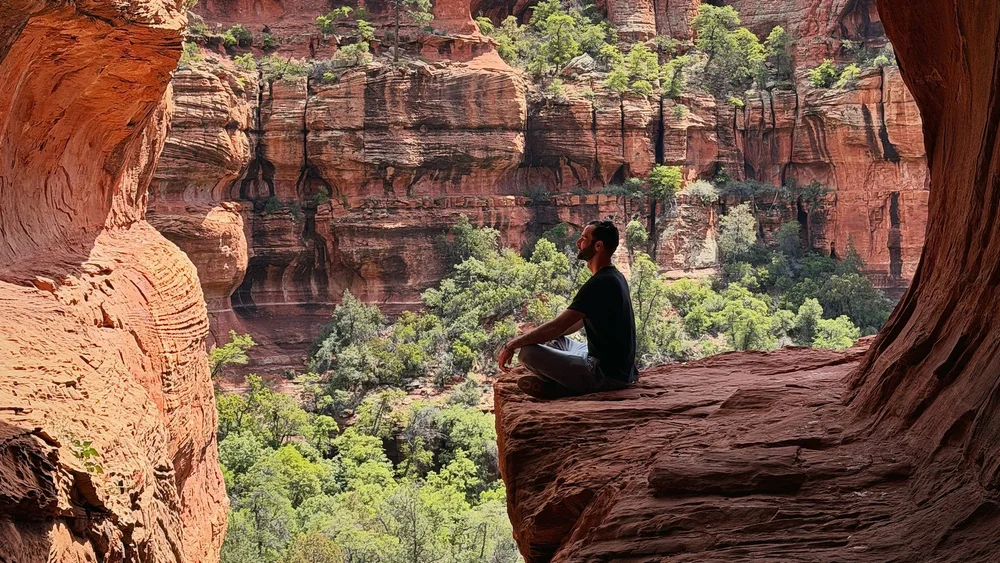 Samuel Whiting sitting quietly at the mouth of a red rock cave in Sedona, looking out over the canyon